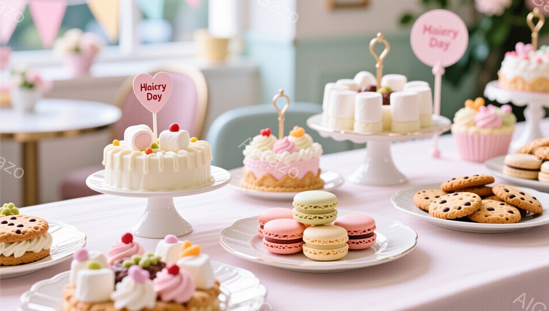 白いテーブルの上に、色とりどりの焼き菓子やマカロン、小さなケーキが美しく並べられています。クリームやフルーツでデコレーションされたお菓子は、まるで宝石のように輝き、背景にはパステルカラーの装飾が暖かく優しい雰囲気を醸し出しています。全体的に、お祝いや特別な日を演出する、華やかで可愛らしい光景です。