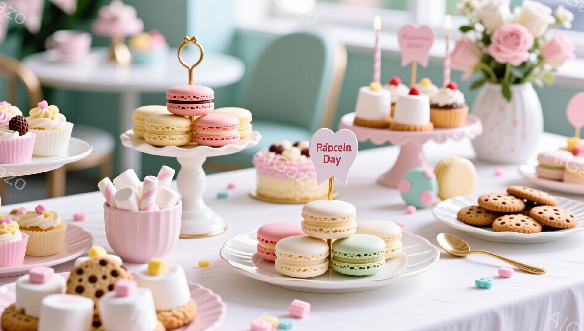 白いテーブルの上に、カラフルなマカロン、カップケーキ、クッキー、マシュマロなどが美しく並べられています。ピンクや緑、黄色などのパステルカラーが目に優しく、優雅で可愛らしい雰囲気を醸し出しています。背景 - AI生成フリー素材