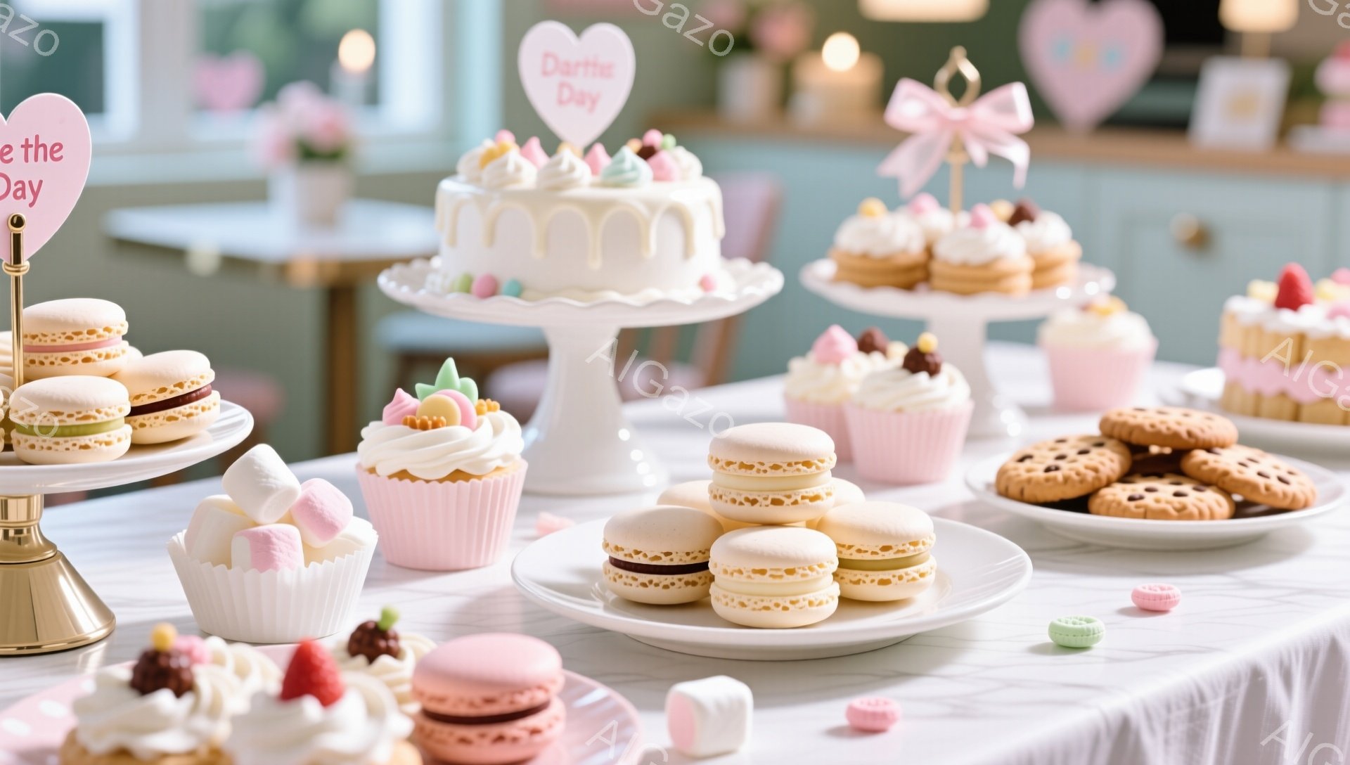 白いテーブルの上に、カラフルなマカロン、カップケーキ、クッキーなどが並んだスイーツの盛り合わせが写っています。背景には、飾り付けられた壁と、淡いピンク色の装飾が見え、可愛らしく優しい雰囲気が漂っていま - AI生成フリー素材