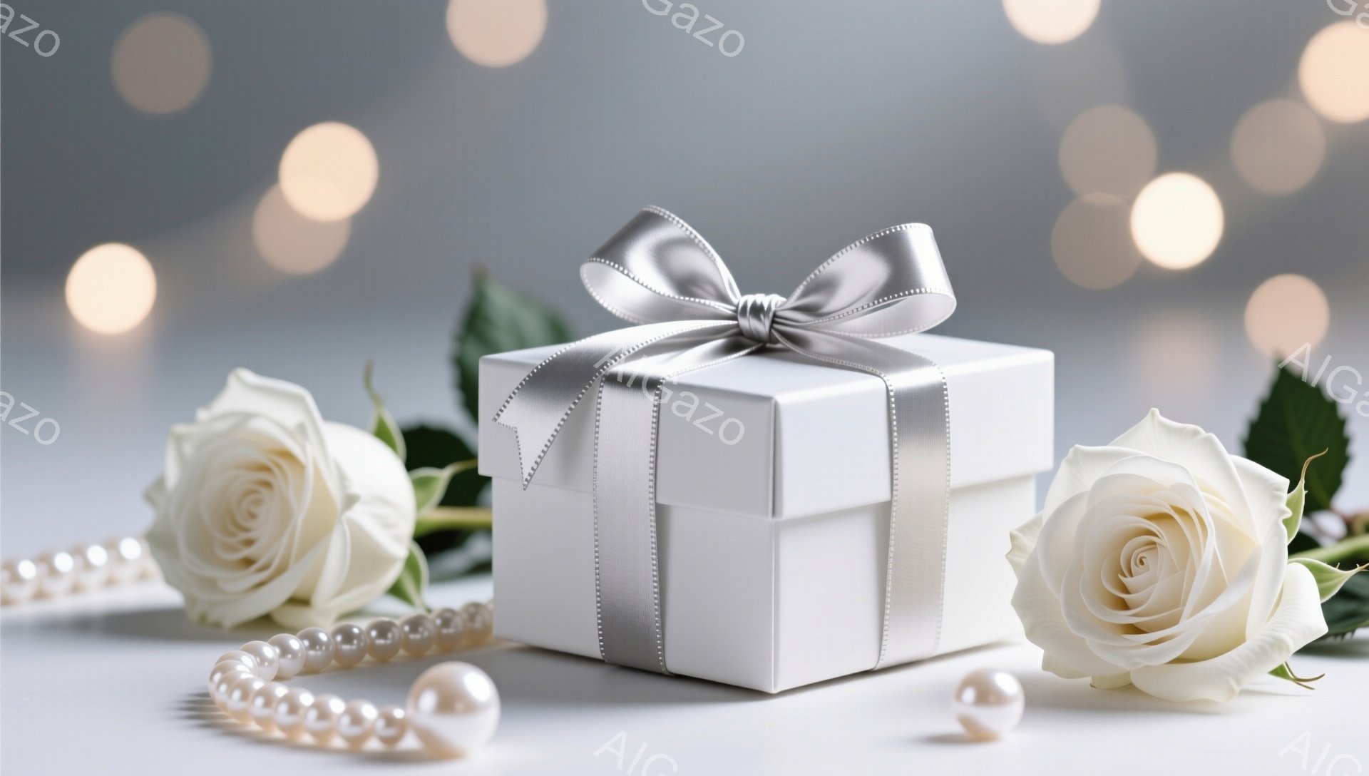 白いギフトボックスが画面中央に配置され、光沢のある銀色のリボンで飾られています。ボックスの周りには、白バラと真珠のネックレスが散りばめられ、背景はぼやけた光の粒子で彩られています。全体的に優雅でロマンチックな雰囲気を醸し出しており、特別な日の贈り物や記念を連想させます。