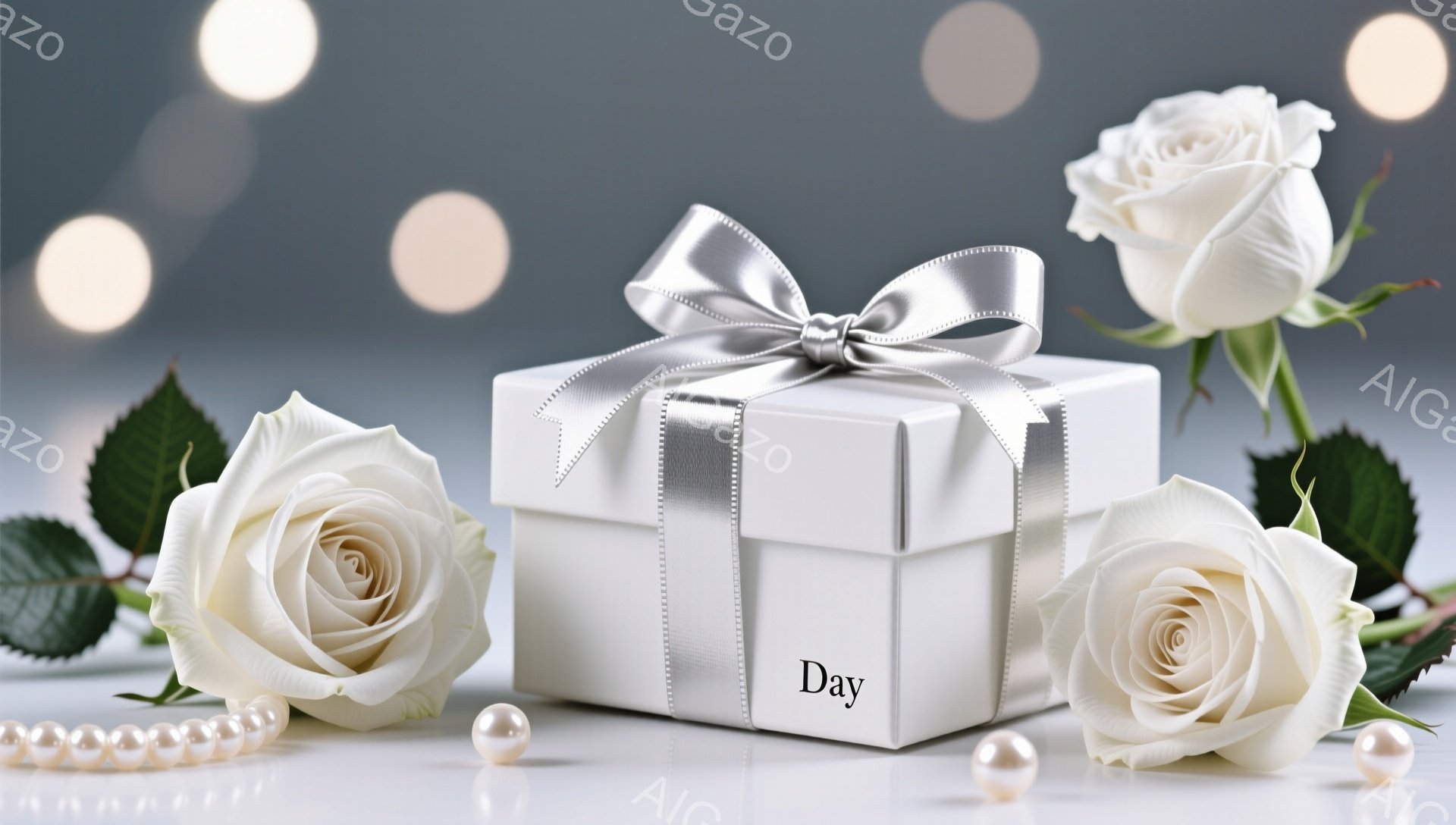 白いバラと真珠のネックレスが、白いギフトボックスを囲んでいます。ギフトボックスは銀色のリボンで丁寧にラッピングされており、明るい背景にぼんやりとした光のぼかしが見られます。全体的に、ロマンチックでエレガントな雰囲気が漂っており、特別な機会や贈り物に適したイメージです。
