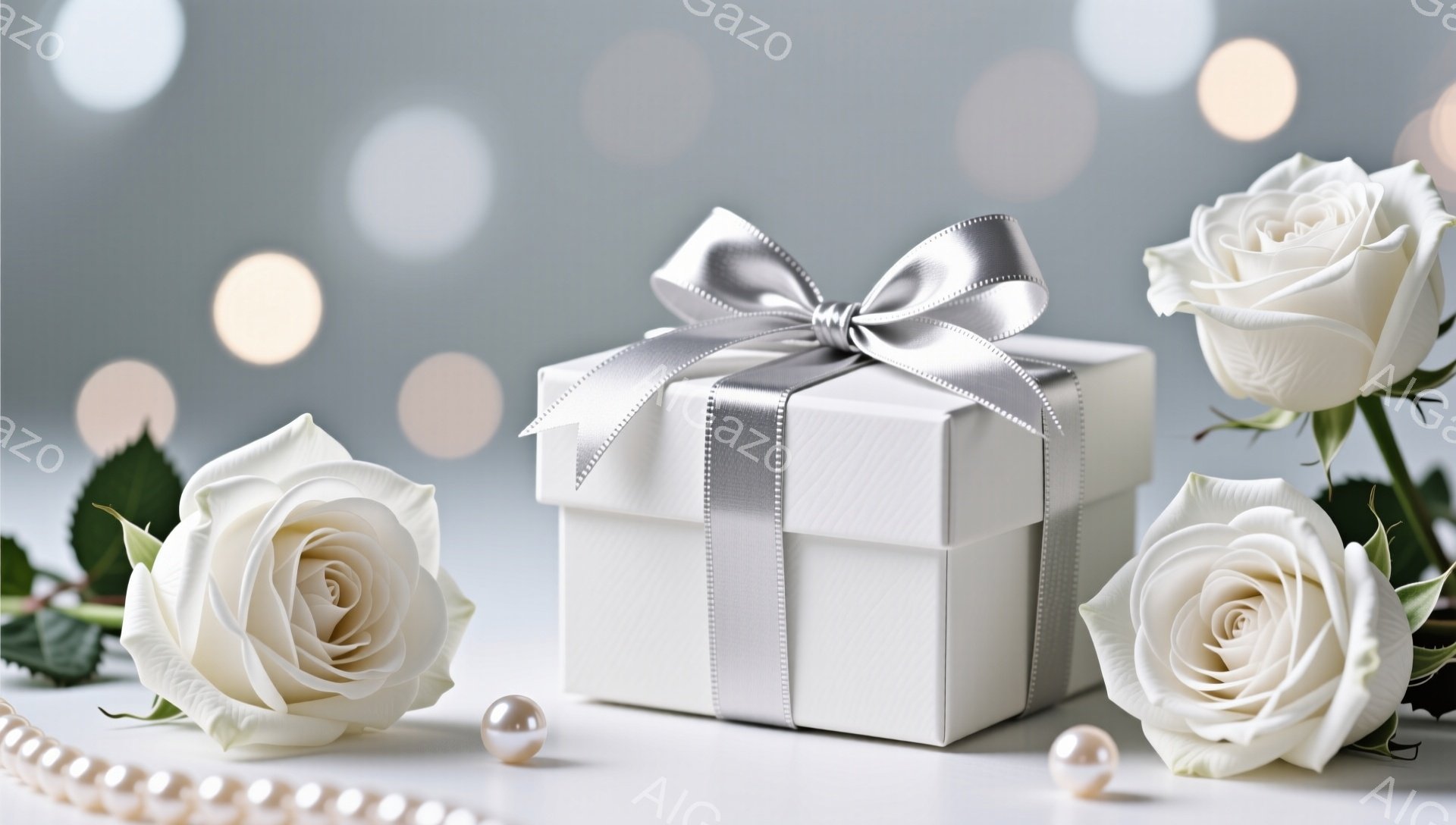 白いバラが三輪と、白いギフトボックスがパールネックレスと共に写っている。ギフトボックスは銀色のリボンで飾り付けられており、背景はぼやけた光のぼやけで、ロマンチックで優雅な雰囲気を醸し出している。全体的に、贈り物とバラが織りなす上品なイメージが印象的である。