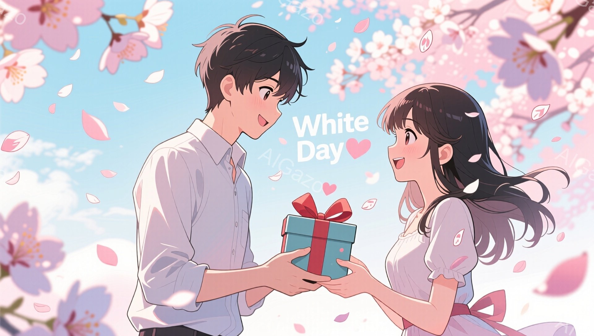 少年は白いシャツにズボンを履き、少女にターコイズブルーの箱をプレゼントしています。少女はふわふわの髪をしており、白いドレスを着て、嬉しそうに微笑んでいます。背景には桜の花びらが舞い散り、春の暖かくロマンチックな雰囲気を醸し出しています。