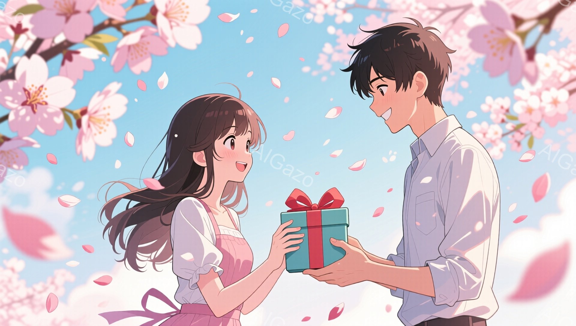 長い黒髪の少女が、ピンク色のワンピースを着て、笑顔でプレゼントを受け取ろうとしている。少年は白いシャツと黒いズボンを着て、リボンのついた緑色の箱を両手で差し出している。背景には桜の花が咲き乱れ、花びらが舞い散る春らしい明るい雰囲気である。