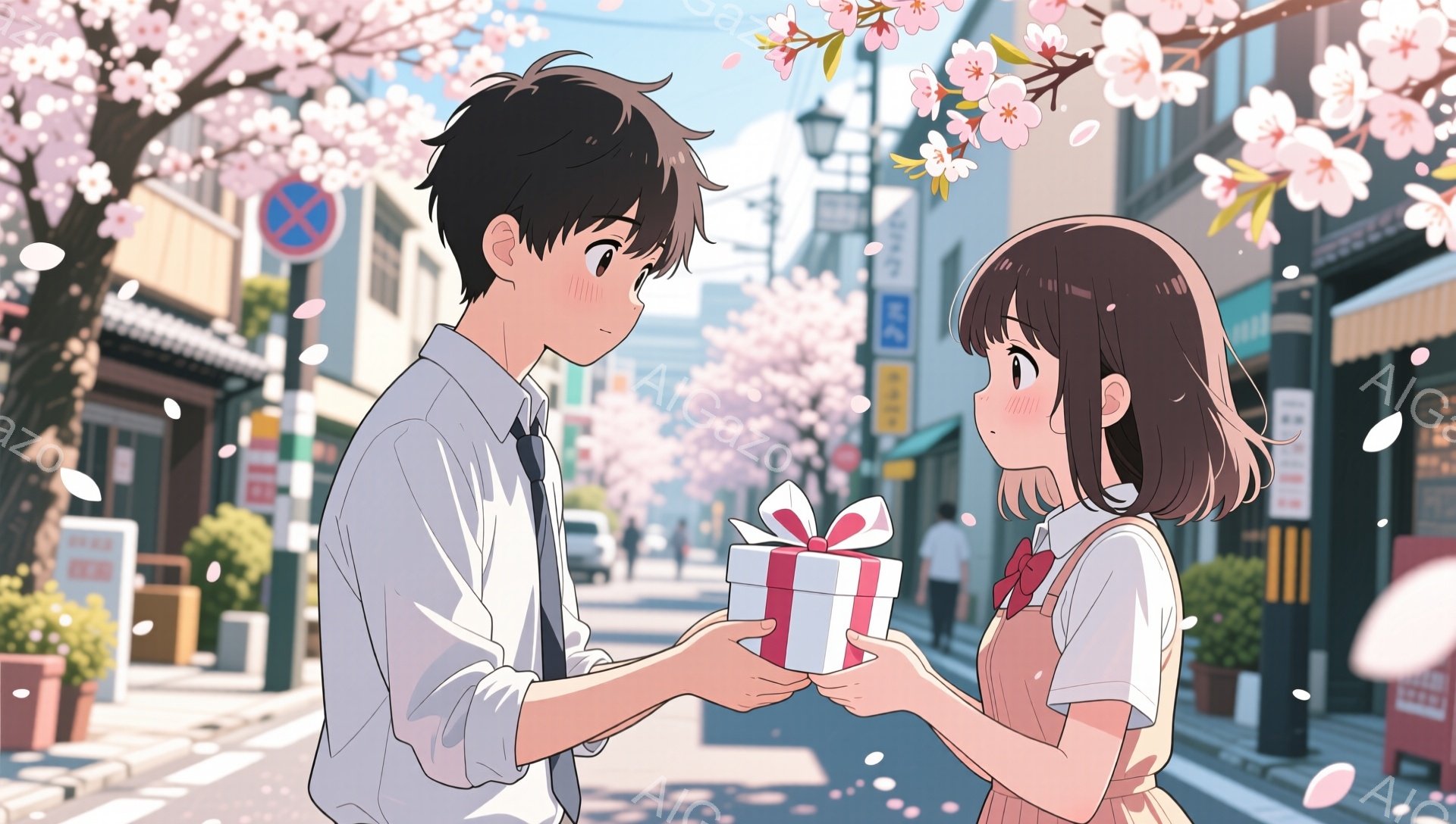画像には、桜並木が続く街並みで、若い男女が描かれています。男の子は白いシャツにネクタイ、女の子はピンクのベストと白いシャツを着ており、女の子が男の子に包まれたプレゼントを渡そうとしています。桜の花びらが舞い散り、春の暖かく、少し照れくさい雰囲気を演出しています。