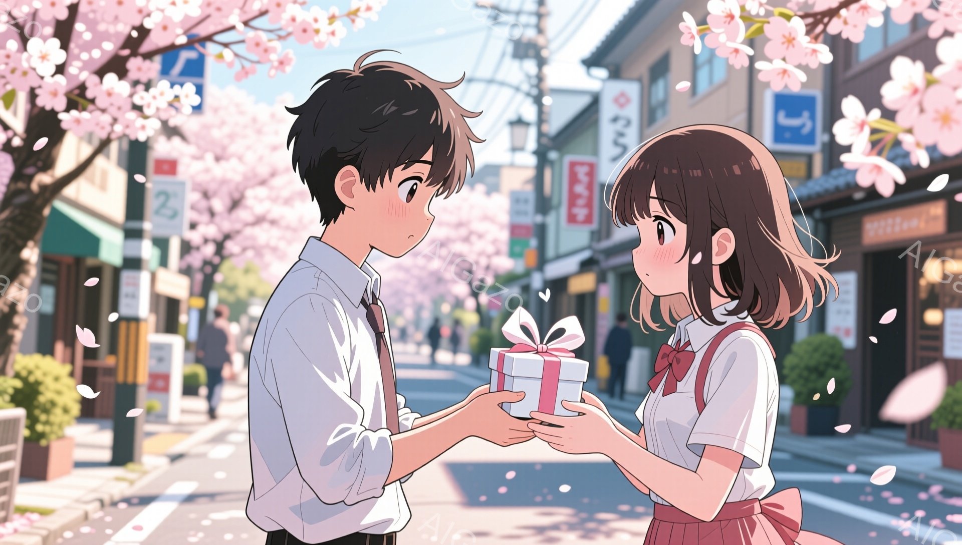 制服を着た少年と少女が、桜並木の下でプレゼントを交換しています。少年は黒髪で、少し照れたような表情をしています。少女は茶髪で、赤いリボンをつけ、プレゼントを受け取るために手を伸ばしています。背景には商店や建物が並び、桜の花びらが舞い散る、春の暖かい日差しが感じられる穏やかな雰囲気です。