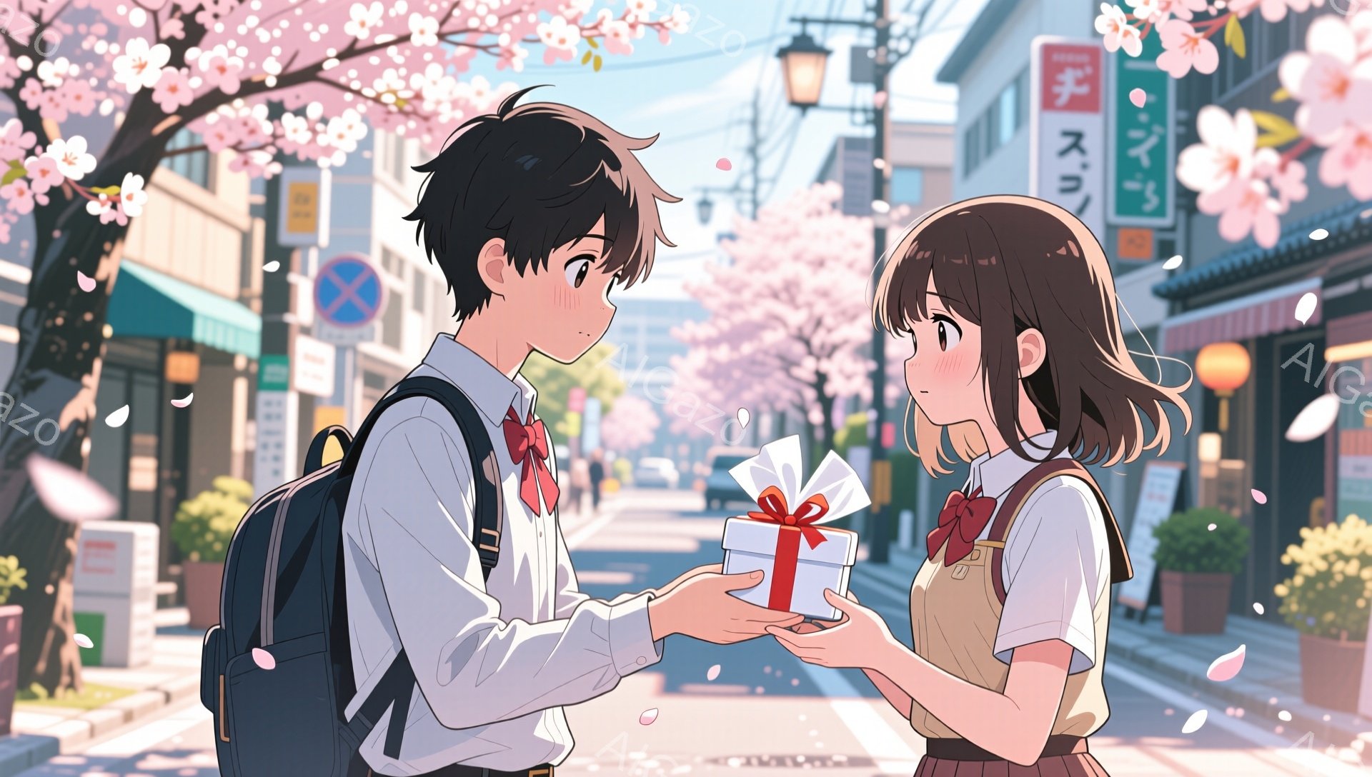 制服を着た少年と少女が道路の中央でプレゼントを交換しています。少年は黒髪で、白いシャツにネクタイ、黒いブレザー、バックパックを着用し、少し照れた表情をしています。少女は茶色の髪をサイドに流し、白いブラウスにベージューのベスト、プリーツスカートを着用し、プレゼントを受け取る嬉しそうな表情をしています。