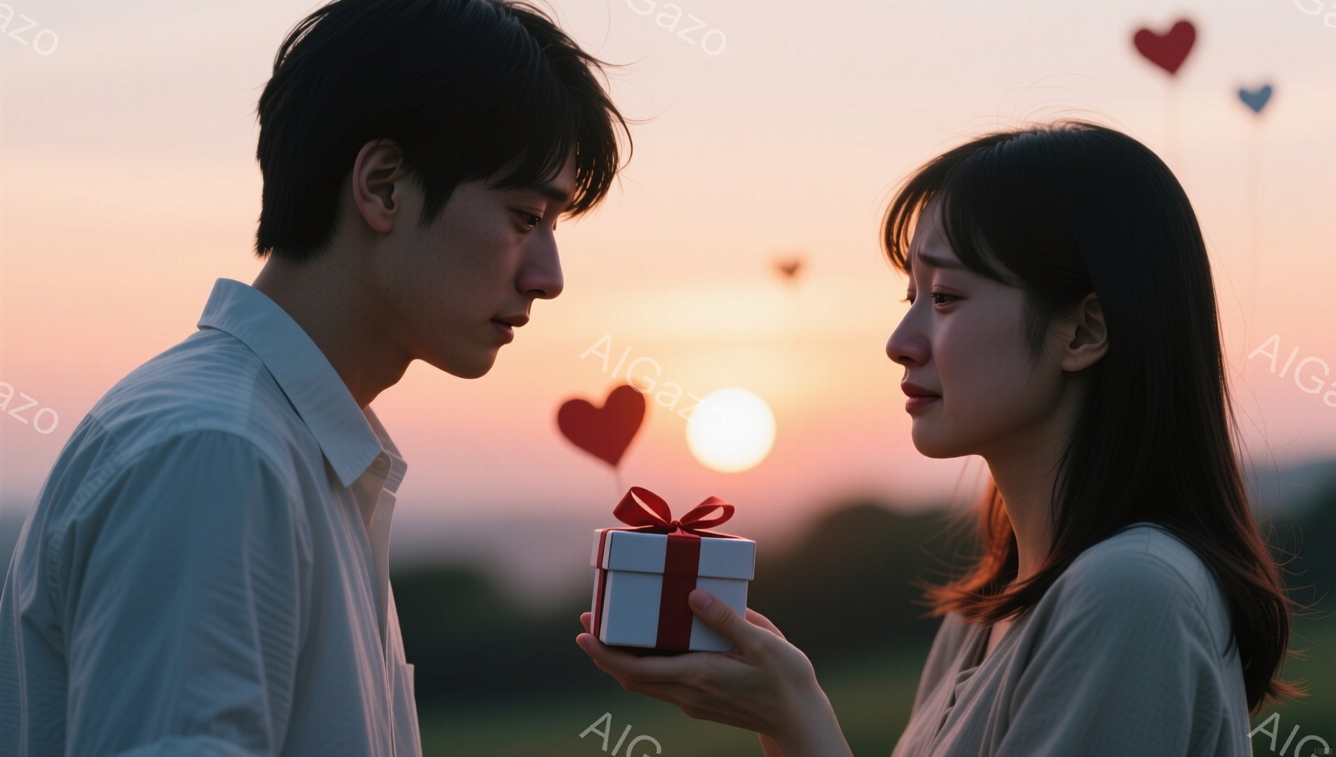 若い男性と女性が夕暮れ時の野原で向き合っている。女性は赤いリボンで結ばれた白い小さなギフトボックスを男性に差し出しており、男性はそれをじっと見つめている。背景には沈む夕日と、数個の赤いハート型の風船が浮かび、ロマンチックで温かい雰囲気を醸し出している。
