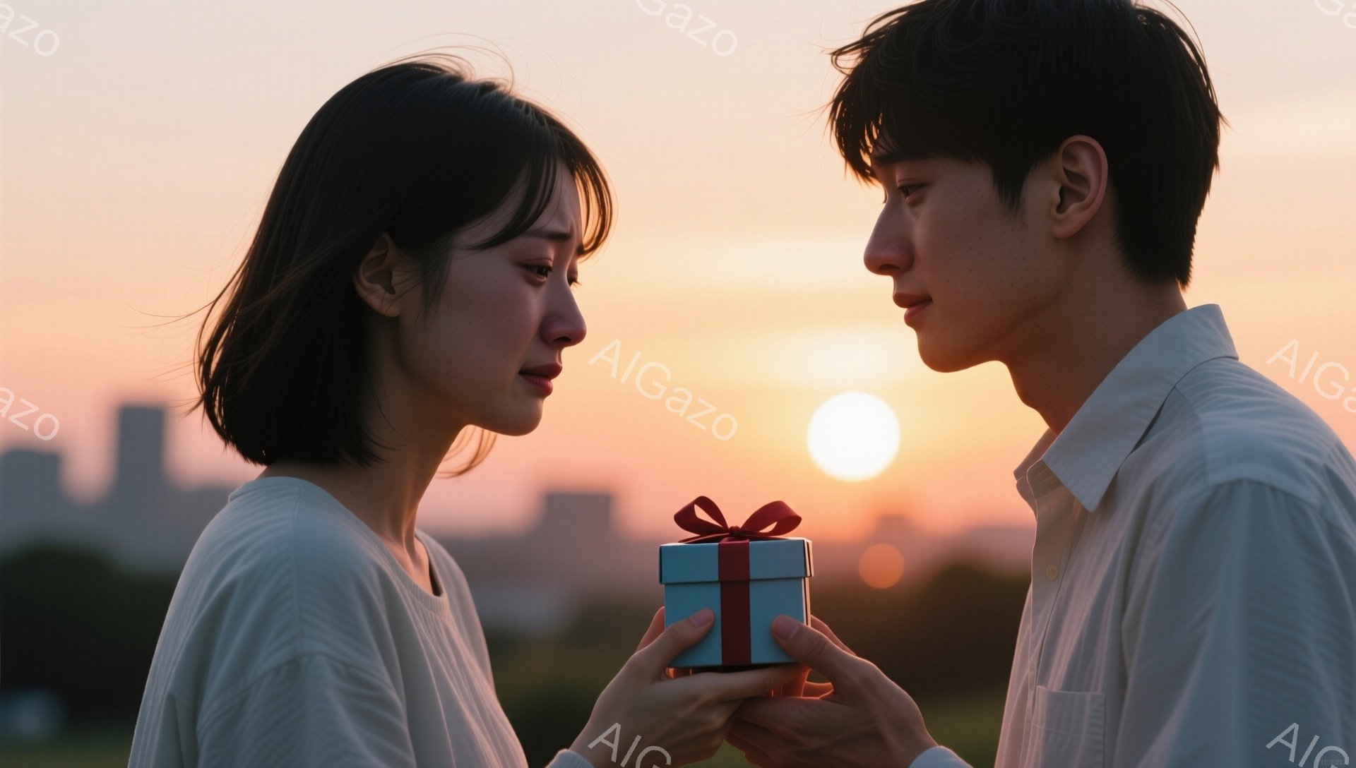 柔らかい夕焼けを背景に、若い男女が向き合っている。女性は肩までの黒髪で、少し涙ぐんだ表情でプレゼントを受け取ろうとしている。男性は白いシャツを着ており、女性に向かって小さな青い包装紙で結ばれたギフトボックスを差し出している。