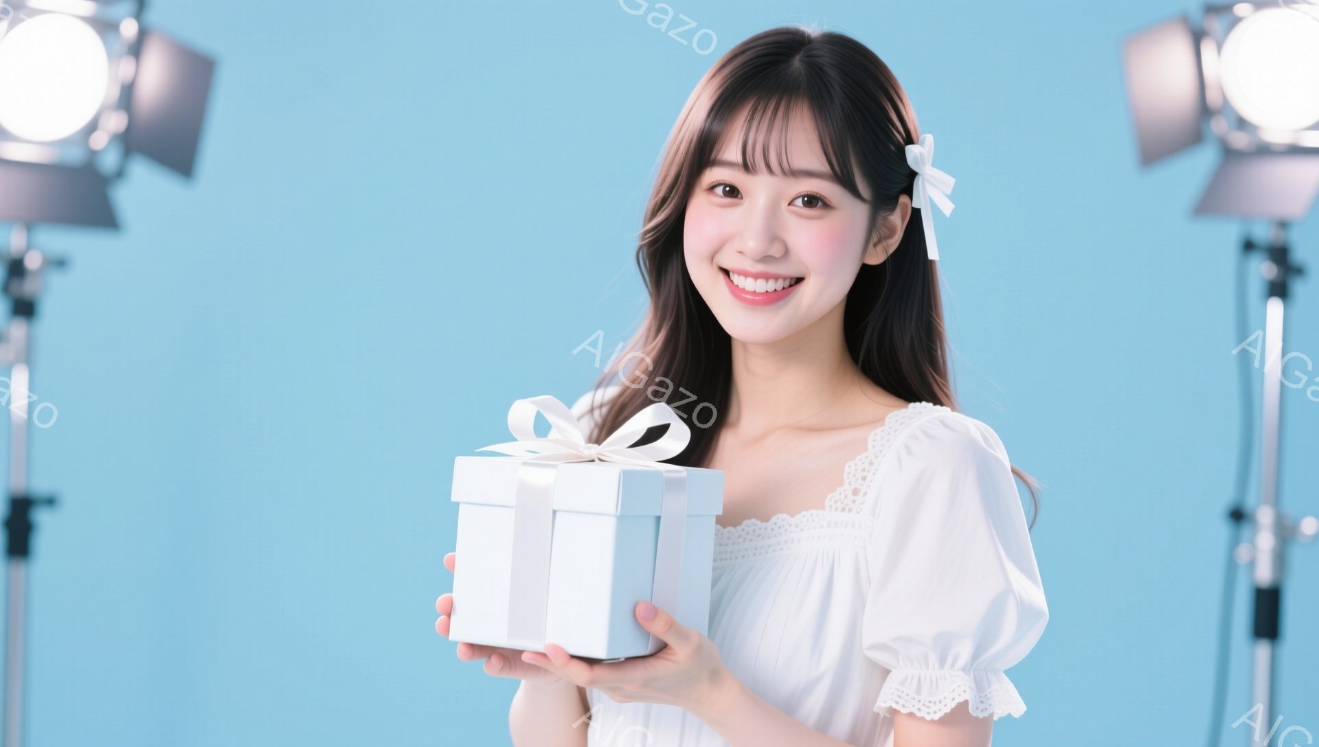 若い女性が白い箱型のプレゼントを正面に向けて両手で持っています。彼女は肩までの黒髪に前髪を切りそろえ、白いレースのブラウスを着て微笑んでいます。背景は明るい水色で、両脇に白いスタンドライトが設置されて - AI生成フリー素材