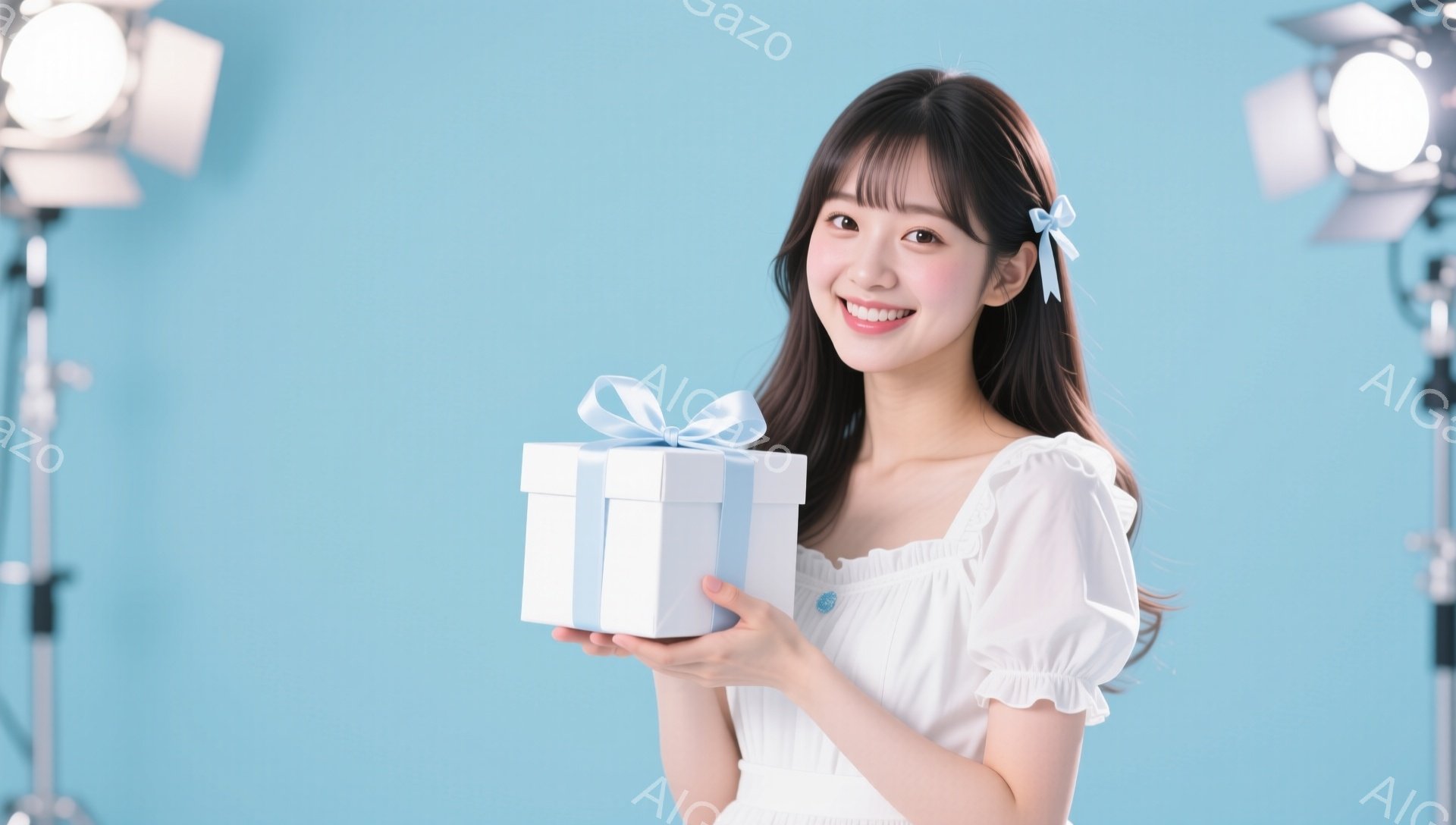 明るい背景を背景に、茶髪の女性が白いフリルのブラウスとスカートを着ています。彼女は笑顔で、片手に水色のリボンで結ばれた白いギフトボックスを持っています。スタジオのような背景には、撮影用のライトがいくつ - AI生成フリー素材