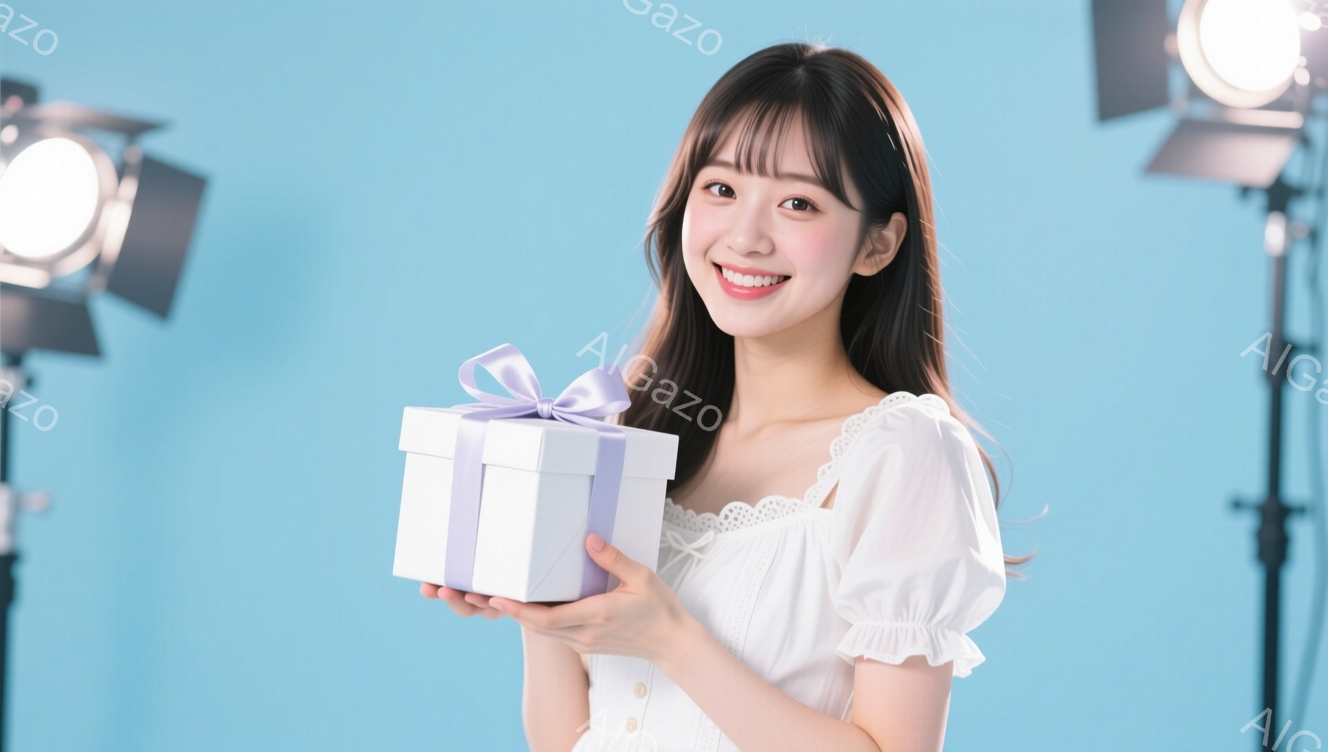 長い黒髪の女性が、白いフリルのブラウスを着て、明るい笑顔でプレゼントの箱を手に持っています。箱は白く、薄紫色のリボンで飾られています。背景は青色で、プロ用の照明機材がいくつか見え、スタジオ撮影の雰囲気です。