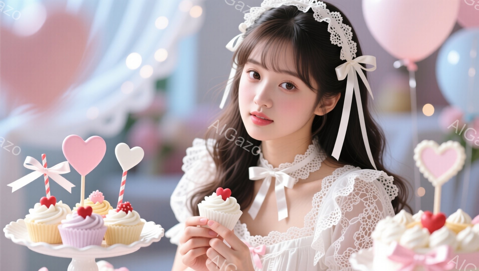 長い黒髪をダウンさせて、白いレースの装飾が施された可愛らしいワンピースを着た若い女性が写っています。彼女は微笑んでおり、片手にピンク色のフロスティングと赤いハートの飾りをつけたカップケーキを持っていま - AI生成フリー素材