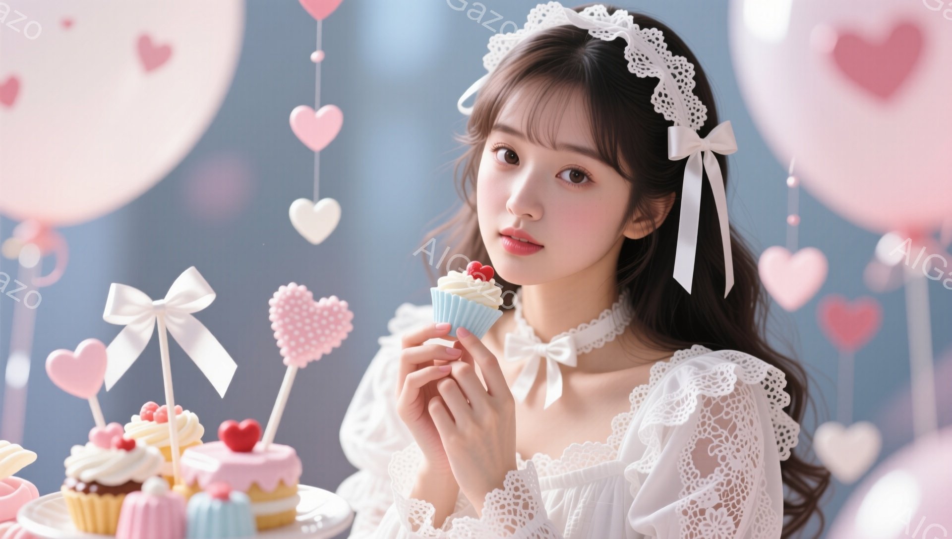 長い黒髪をゆるくウェーブさせ、白いレースのヘッドバンドを付けている女性が、薄いピンク色のカップケーキを手に持っています。彼女は白いレースのブラウスを着ており、少し微笑んでいて、とても可愛らしい印象です。背景にはハート型のバルーンや様々な甘いお菓子が並び、全体的に甘く優しい雰囲気の画像です。