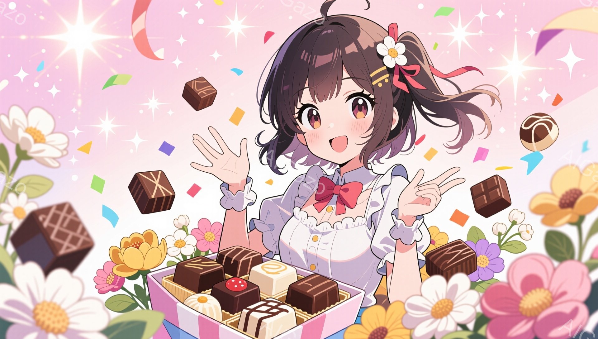 黒髪の少女が、ピンク色の箱に入ったチョコレートに囲まれ、両手で勝利のサインを送っています。白いブラウスにリボン、フリルとパフスリーブが特徴的な可愛らしい服装で、髪には花飾りをつけています。背景にはカラフルな紙吹雪と様々な花が咲き乱れ、明るく華やかな雰囲気を演出しています。