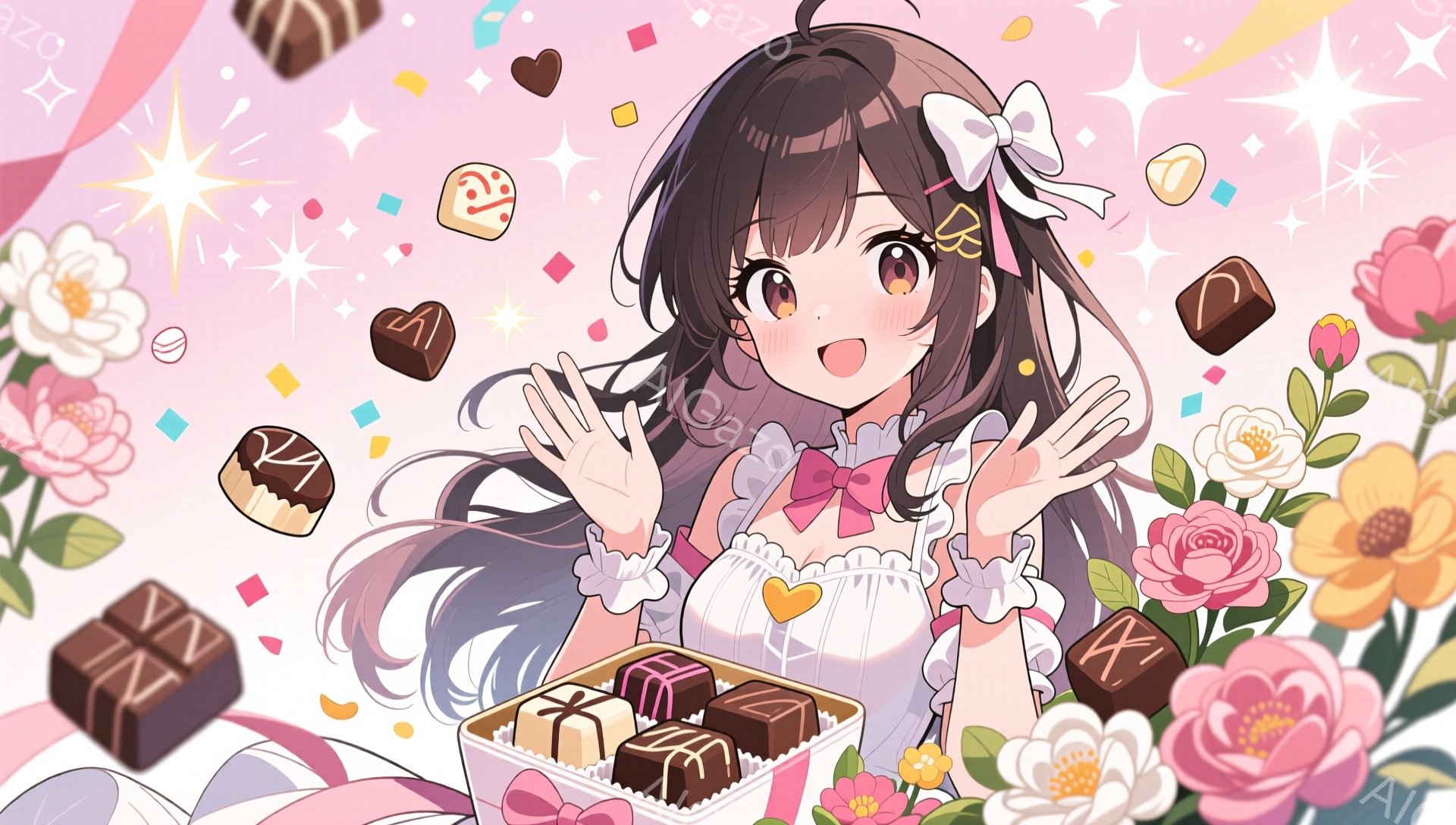 画像は、茶色の髪に大きなリボンをつけた少女が描かれています。彼女はピンク色のフリル付きドレスを着ており、チョコレートが詰まった箱を両手で抱え、喜んで両手を広げています。背景には、ピンク色の輝きと花、チョコレートが散りばめられており、甘くて可愛らしい雰囲気が漂っています。