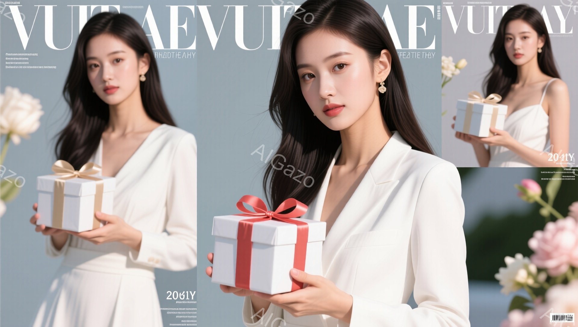 優しい微笑みを浮かべた女性が、白いドレス姿で立っており、両手に同色のギフトボックスを持っています。背景はぼやけたパステルカラーで、花や光が散りばめられ、夢幻的な雰囲気を醸し出しています。全体的に、上品で洗練された、お祝いのムードが漂うイメージです。