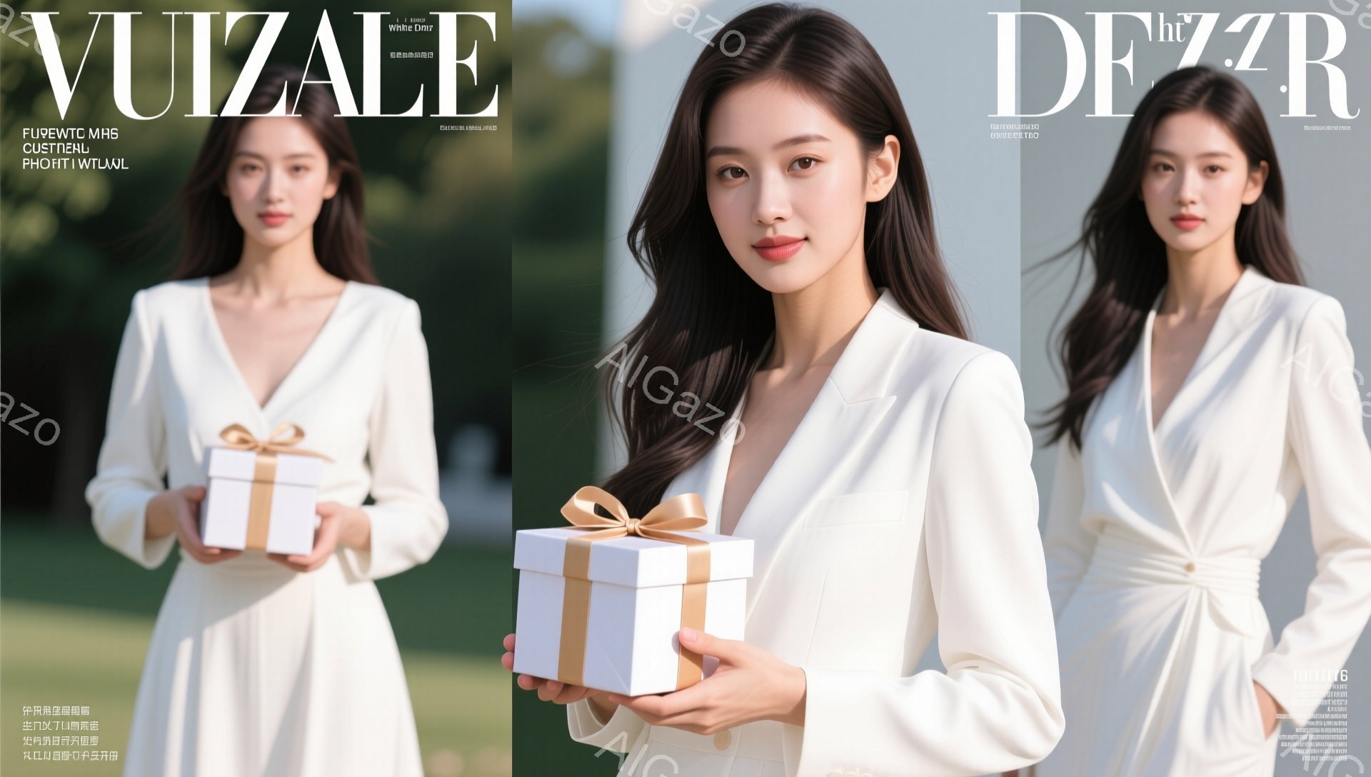 白を基調としたファッション撮影の写真です。女性たちは全員白いドレスを着ており、髪はストレートで肩にかかっています。彼女たちはそれぞれ手にギフトボックスを持っており、前を見つめ、穏やかな表情をしています。背景には、ぼやけた都市の風景が広がっており、光沢のある雑誌のページに写し出されています。
