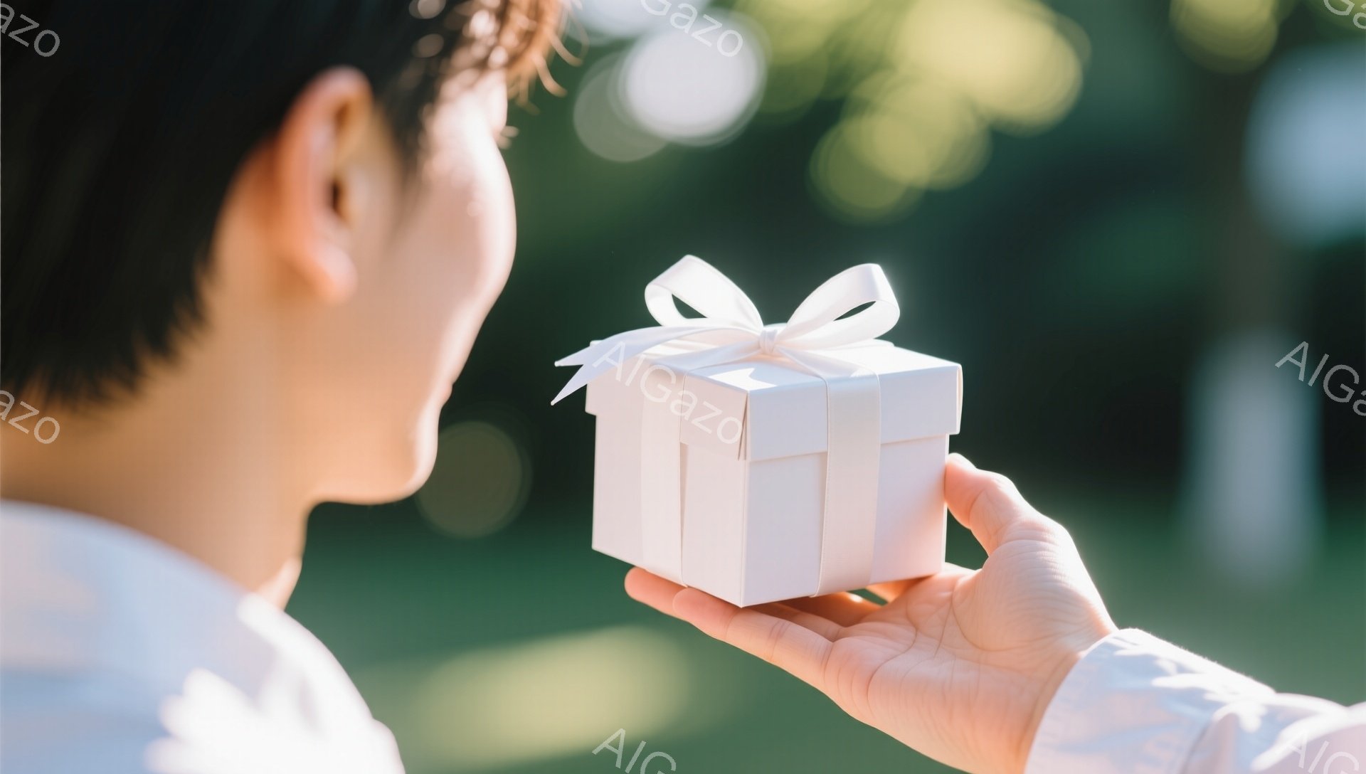 白いシャツを着た人物が、小さな白いギフトボックスを手前に差し出している様子が写っている。ギフトボックスには白いリボンが結ばれており、背景は緑豊かな自然で、ぼかしがかかっており、暖かい光が差し込んでいる。全体的に穏やかで優しい雰囲気であり、プレゼントを受け取る喜びや期待感が感じられる。