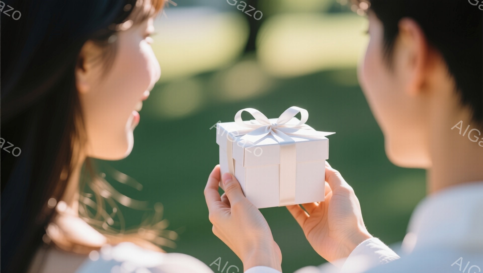長い髪を後ろに流した女性と、白いシャツを着た男性が、プレゼントの箱を交換し合っている様子が捉えられています。箱は白く、白いリボンで丁寧に飾られています。背景は緑豊かな自然で、柔らかい光が差し込み、ロマンチックで穏やかな雰囲気を醸し出しています。