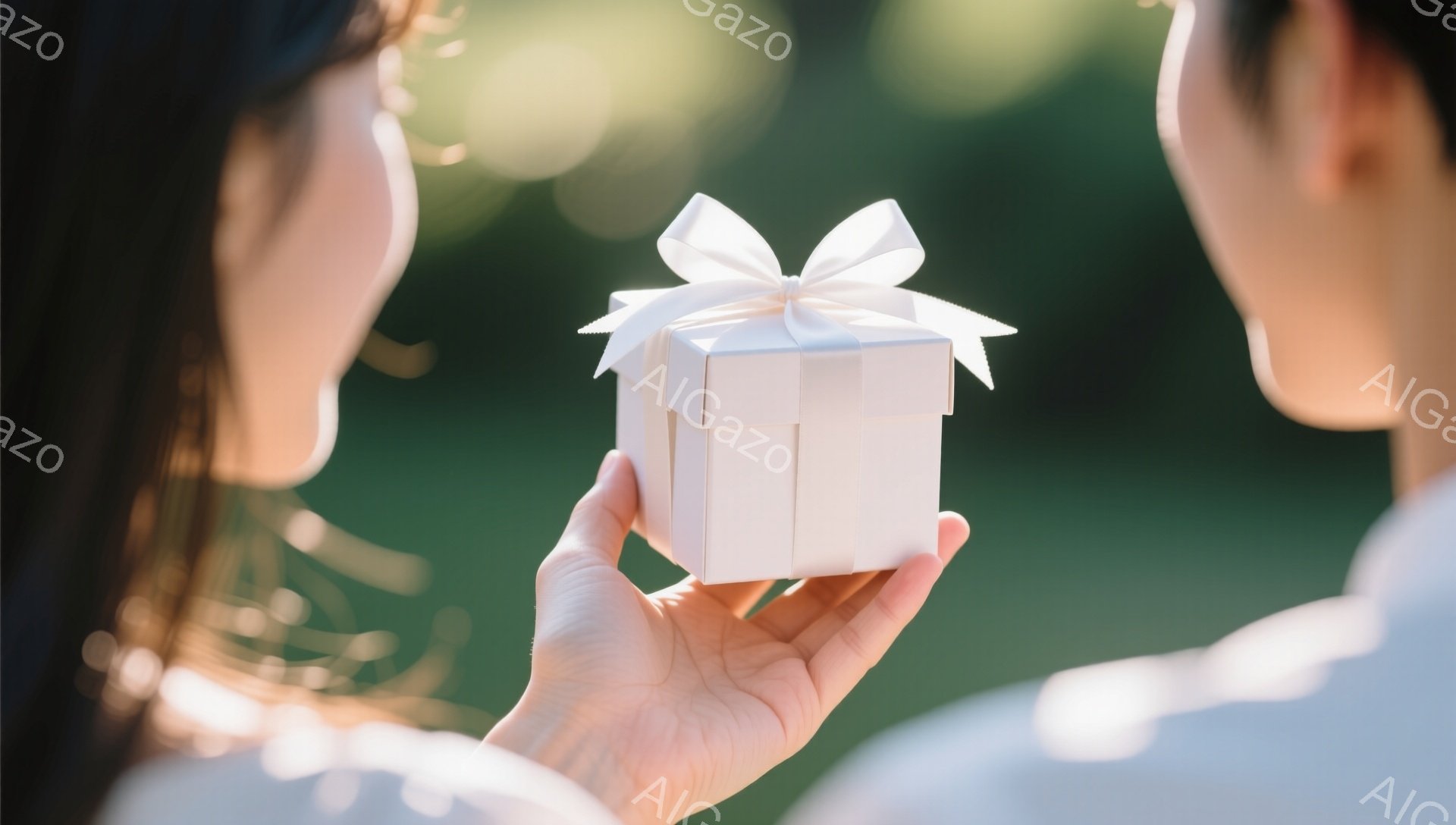 柔らかい光の中で、一人の人物が白い小さなギフトボックスを手渡している様子が捉えられています。贈る人物は白いシャツを着ており、受け取る人物の肩と後ろ姿が見え、緑豊かな背景がぼやけています。贈り物に白いリボンがかかっており、温かく優しい雰囲気を醸し出しています。