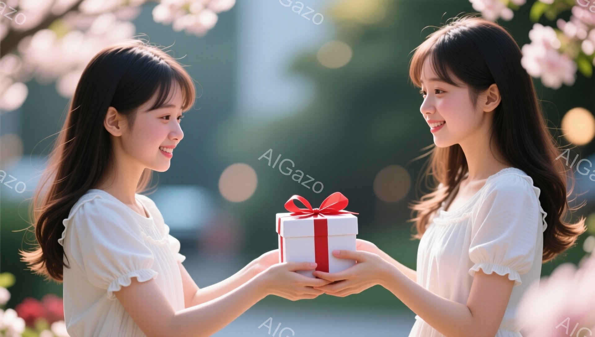 二人の若い女性が、ピンク色の桜の花びらが舞う中で、プレゼントを交換しています。彼女たちは白いフリル付きのドレスを着ており、黒髪を長く伸ばし、笑顔を浮かべています。背景にはぼやけた桜の木々と、柔らかい日差しが差し込む春の穏やかな雰囲気を感じさせます。
