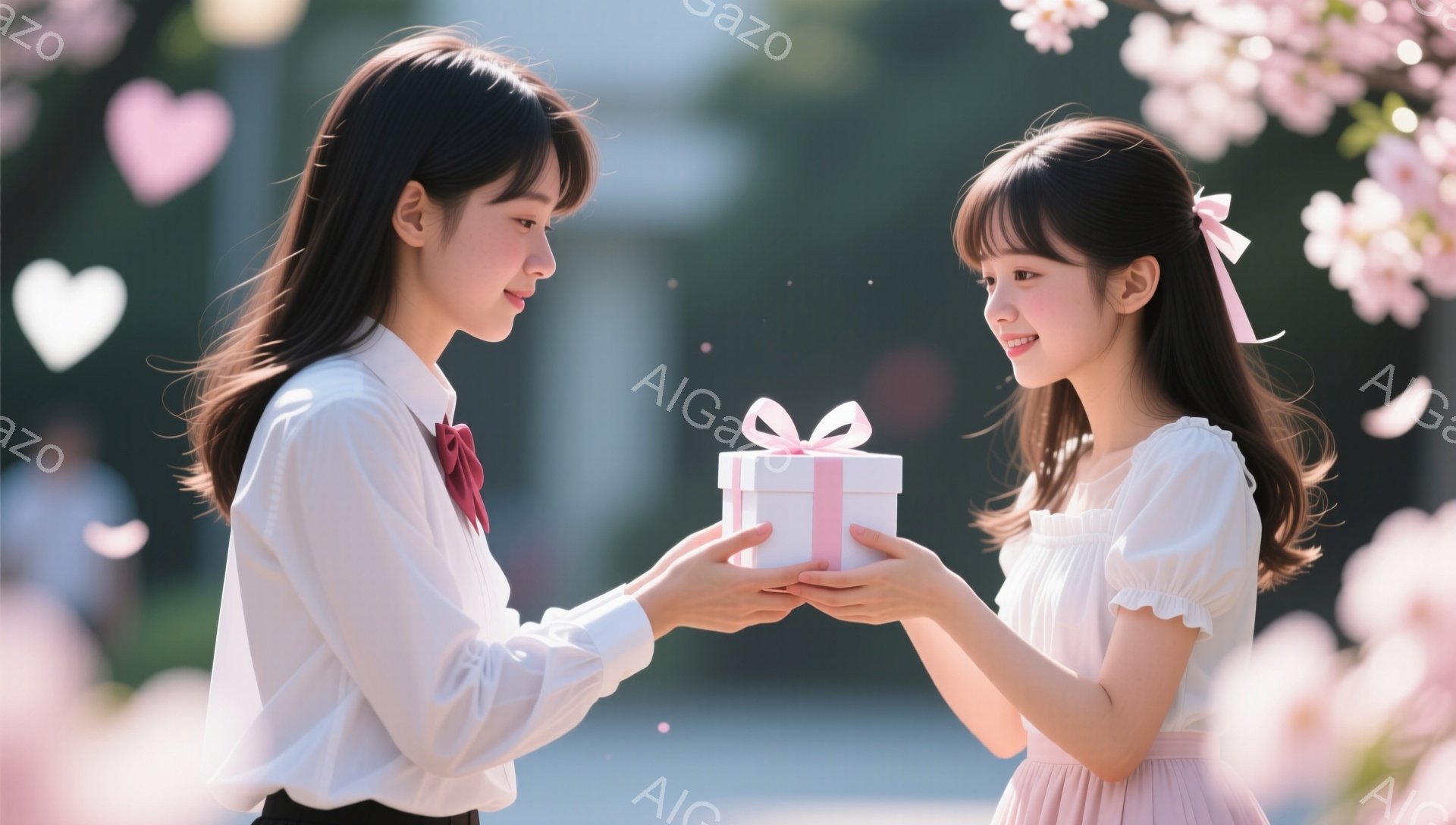 2人の若い女性が互いに向き合い、プレゼントを交換しています。一人は白いブラウスに黒いスカート、赤いリボンをつけており、もう一人はピンク色のワンピースを着ています。背景には桜が咲き誇り、柔らかい光の中で、春の温かく優しい雰囲気が漂っています。