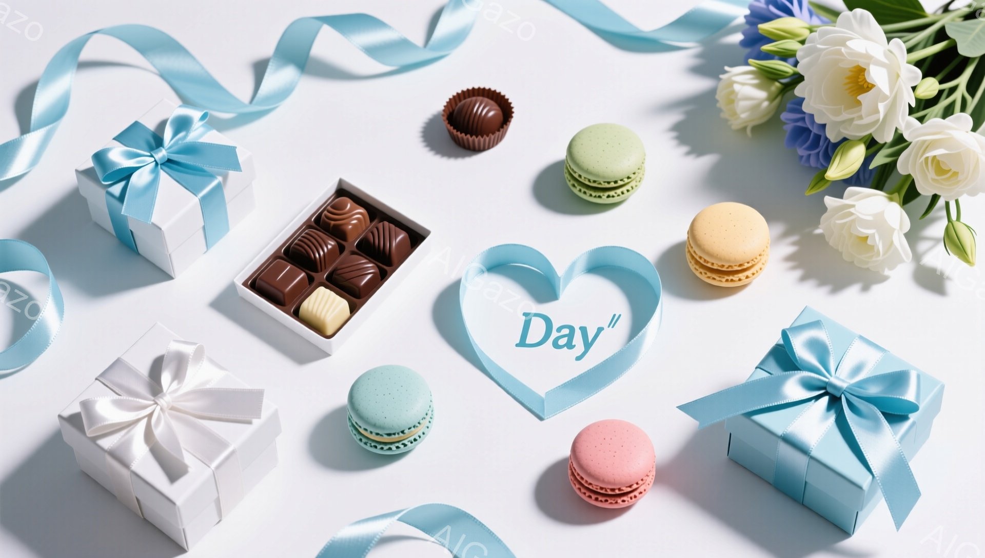 白い背景に、プレゼントボックス、マカロン、チョコレート、花が配置されています。淡いブルーのリボンが流れており、可愛らしいハート型のフレームがアクセントになっています。全体的にパステルカラーで統一されて - AI生成フリー素材