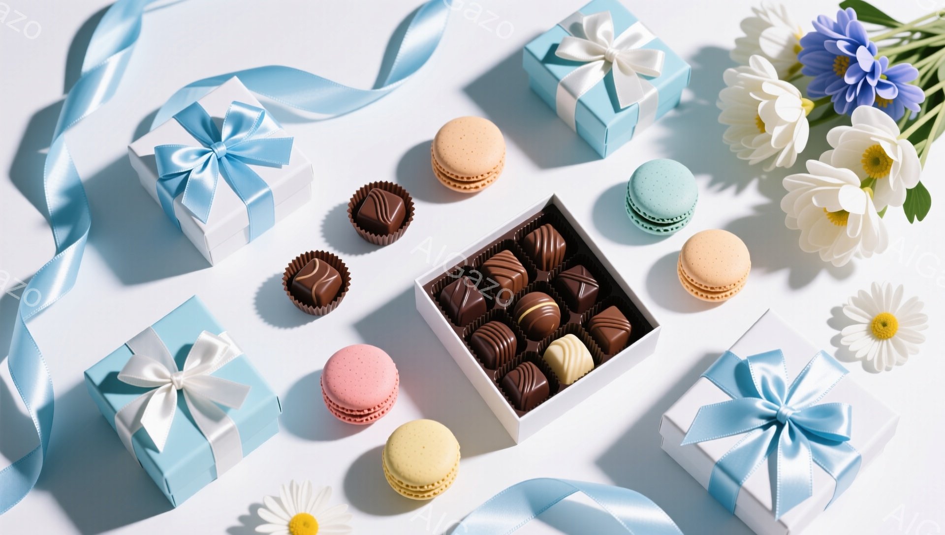 白い背景に、ラッピングされたギフトボックス、マカロン、チョコレートが配置されています。ラッピングは水色のリボンで結ばれ、ギフトボックスやマカロン、チョコレートは優しいパステルカラーで統一感があります。 - AI生成フリー素材