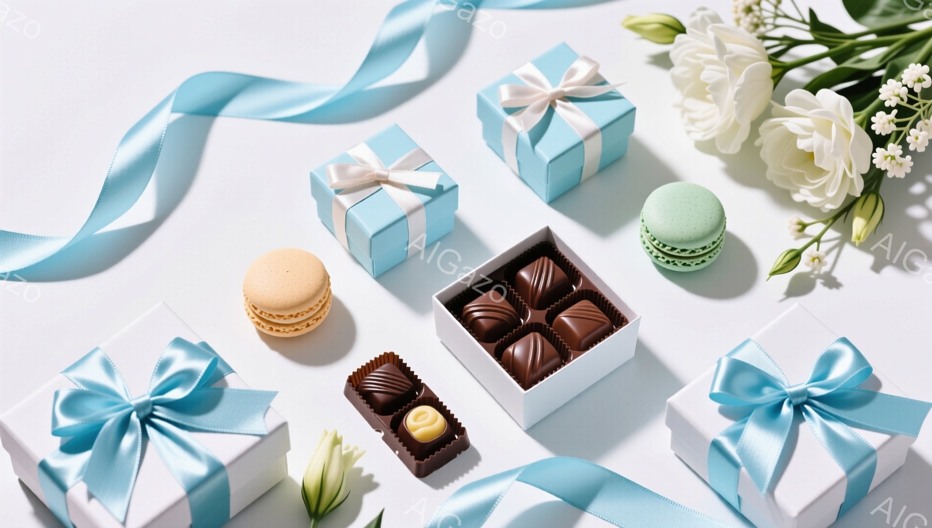 白い背景の上に、パステルブルーと白のギフトボックス、マカロン、チョコレートが散りばめられています。青いリボンが箱を飾り、白いチューリップや小花が添えられ、全体的に甘く優しい雰囲気です。ギフトボックスと - AI生成フリー素材