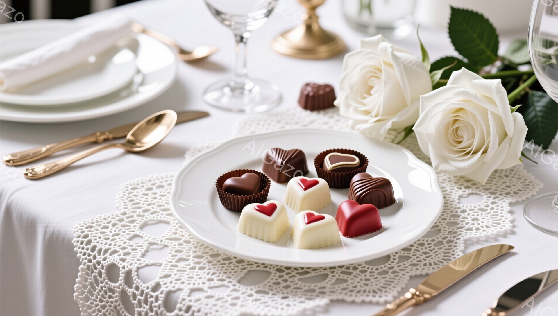白いテーブルクロスの上に、繊細なレースのドイリーが敷かれ、その上に様々なチョコレートがハートの形に並べられています。チョコレートの隣には白いバラが添えられ、背景には金色のカトラリーやグラスが見え、優雅でロマンチックな雰囲気を醸し出しています。全体的にバレンタインデーや特別な日のためのテーブルセッティングのようです。
