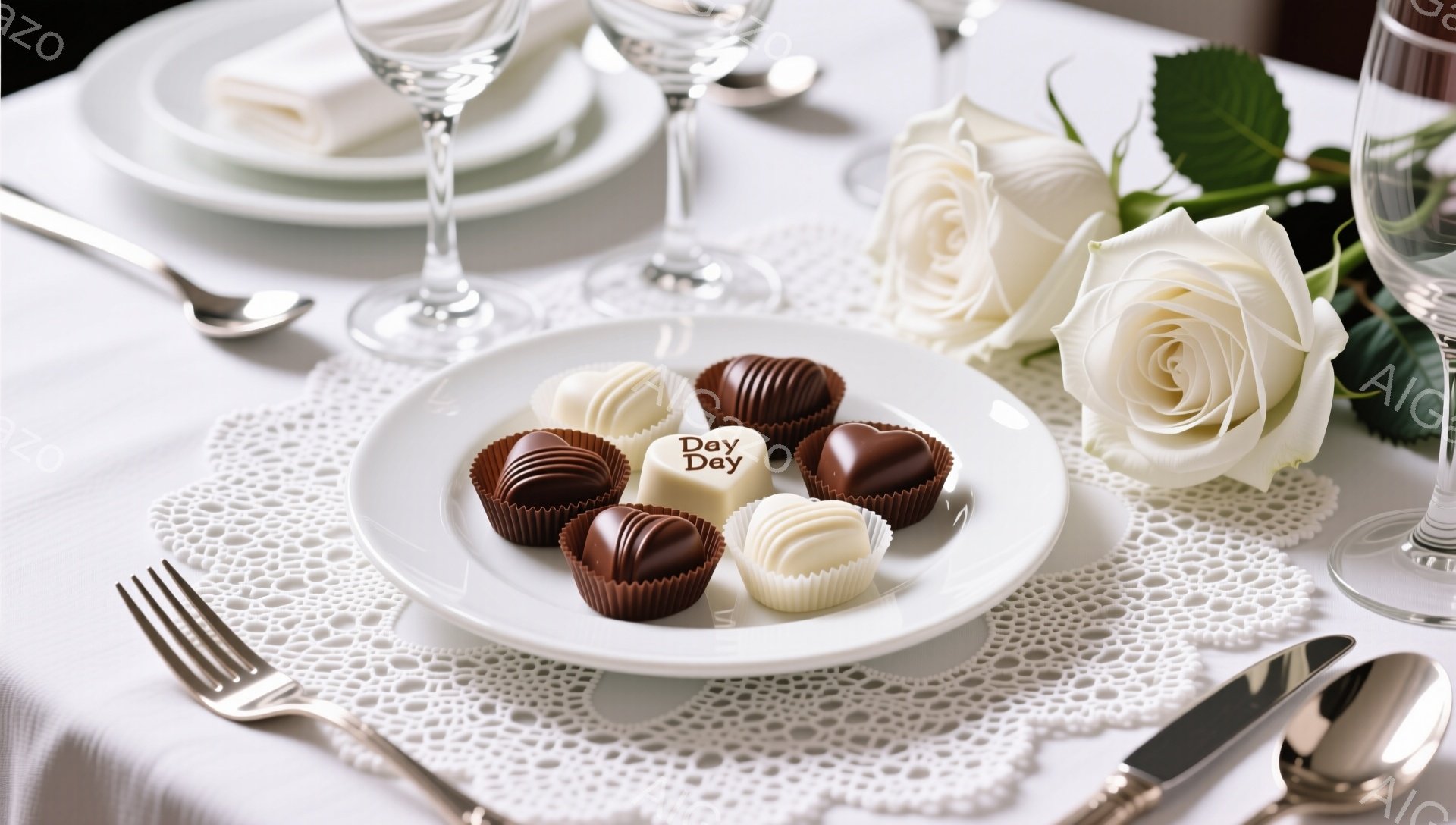 白いテーブルクロスの上に、繊細なレースのドイリーが敷かれ、その上にチョコレートが盛り付けられた白い皿が置かれています。皿の隣には、白バラが数本添えられ、その奥にはワイングラスと銀器が並んでいます。 全体的に上品でロマンチックな雰囲気であり、特別な日のディナーやデザートのシーンを連想させます。