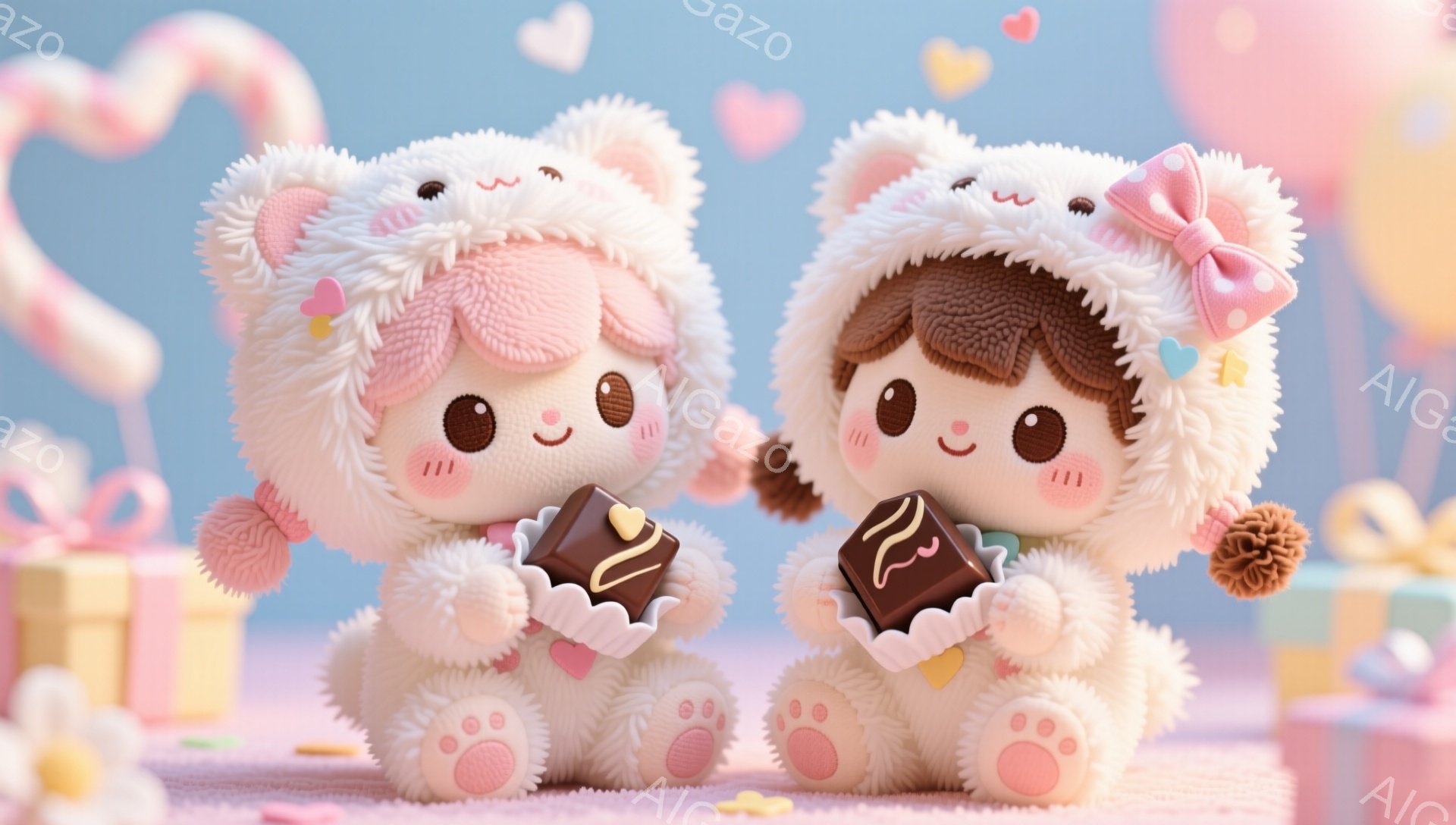 ふわふわの白いクマの着ぐるみを着た、可愛らしい女の子のぬいぐるみ二人が描かれています。それぞれピンクと茶色の髪をしており、顔にはほっとするような笑顔が浮かんでいます。チョコレートを手に持ち、プレゼントボックスが散りばめられた背景の前で、お祝いムード満点の甘い雰囲気です。