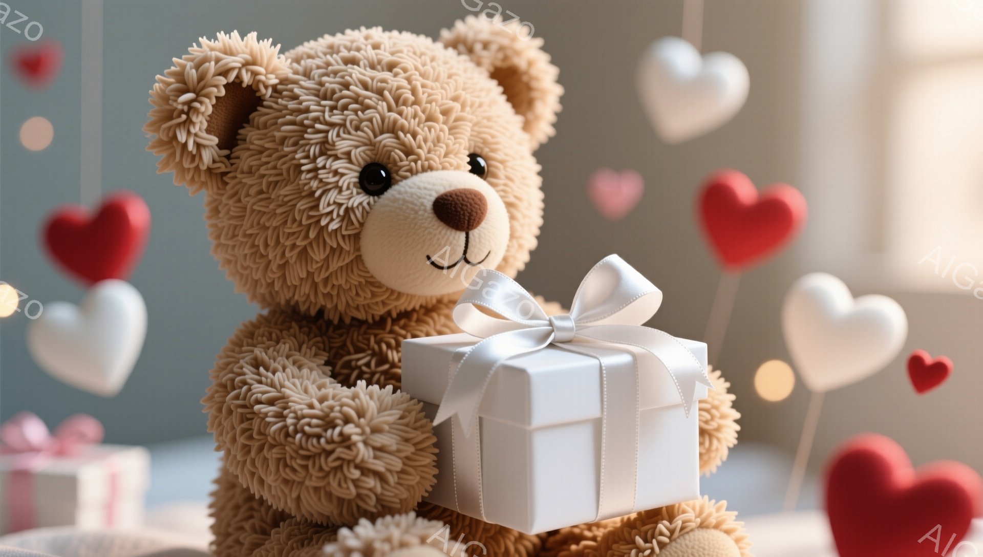ふわふわの茶色のテディベアが、白いリボンで飾られた白いギフトボックスを抱えています。背景には、様々なサイズのハートの形をした装飾が浮かび、お祝いの雰囲気を醸し出しています。全体的に暖かく、愛情のこもっ - AI生成フリー素材