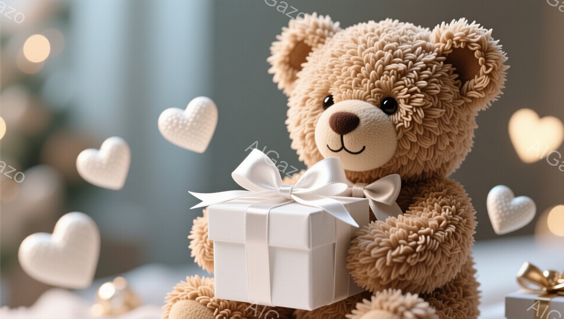 ふわふわの茶色のテディベアが、白いリボンで結ばれた白いギフトボックスを抱えています。背景にはぼやけた照明と、漂う白いハート型の装飾があり、お祝いや愛情に満ちた温かい雰囲気が漂っています。ギフトボックス - AI生成フリー素材