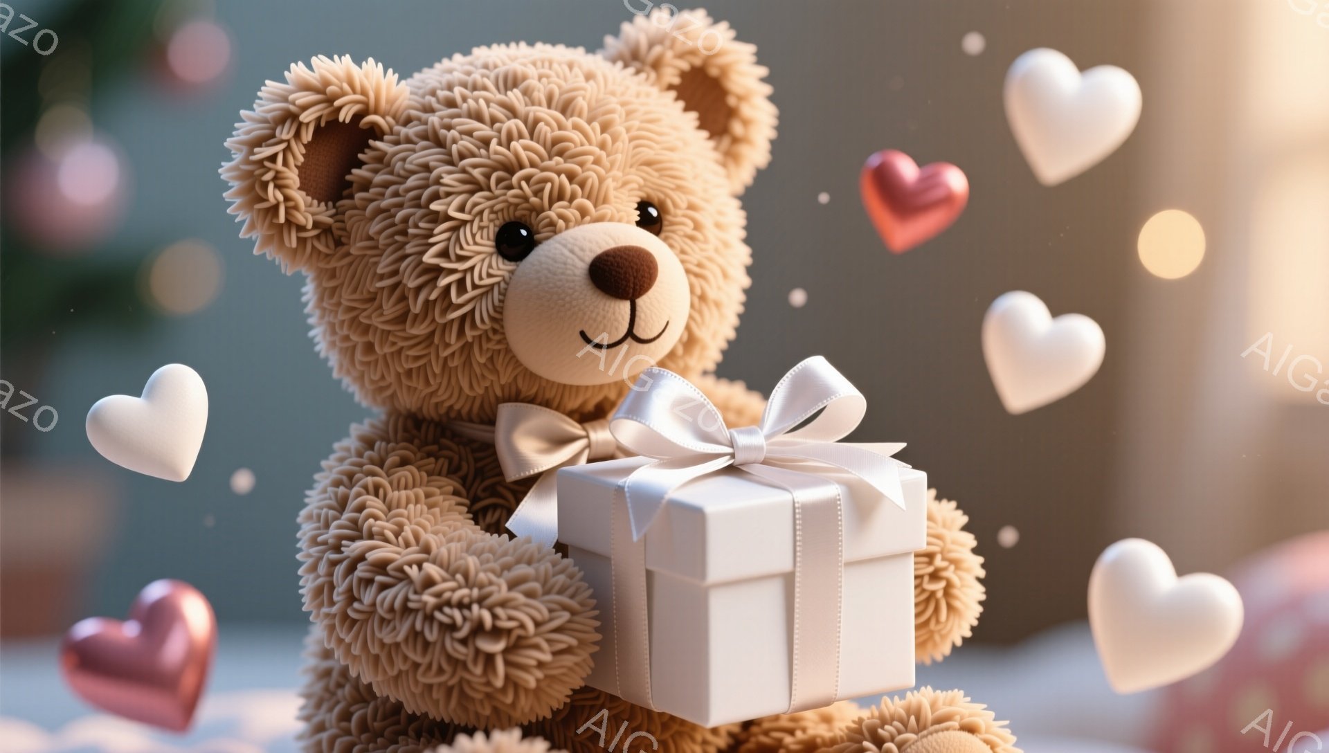 ふわふわの茶色のテディベアが、白いリボンのかかった白いギフトボックスを抱えています。背景にはぼやけた緑色の背景と、漂うハート型の装飾が散りばめられており、温かくロマンチックな雰囲気を醸し出しています。 - AI生成フリー素材