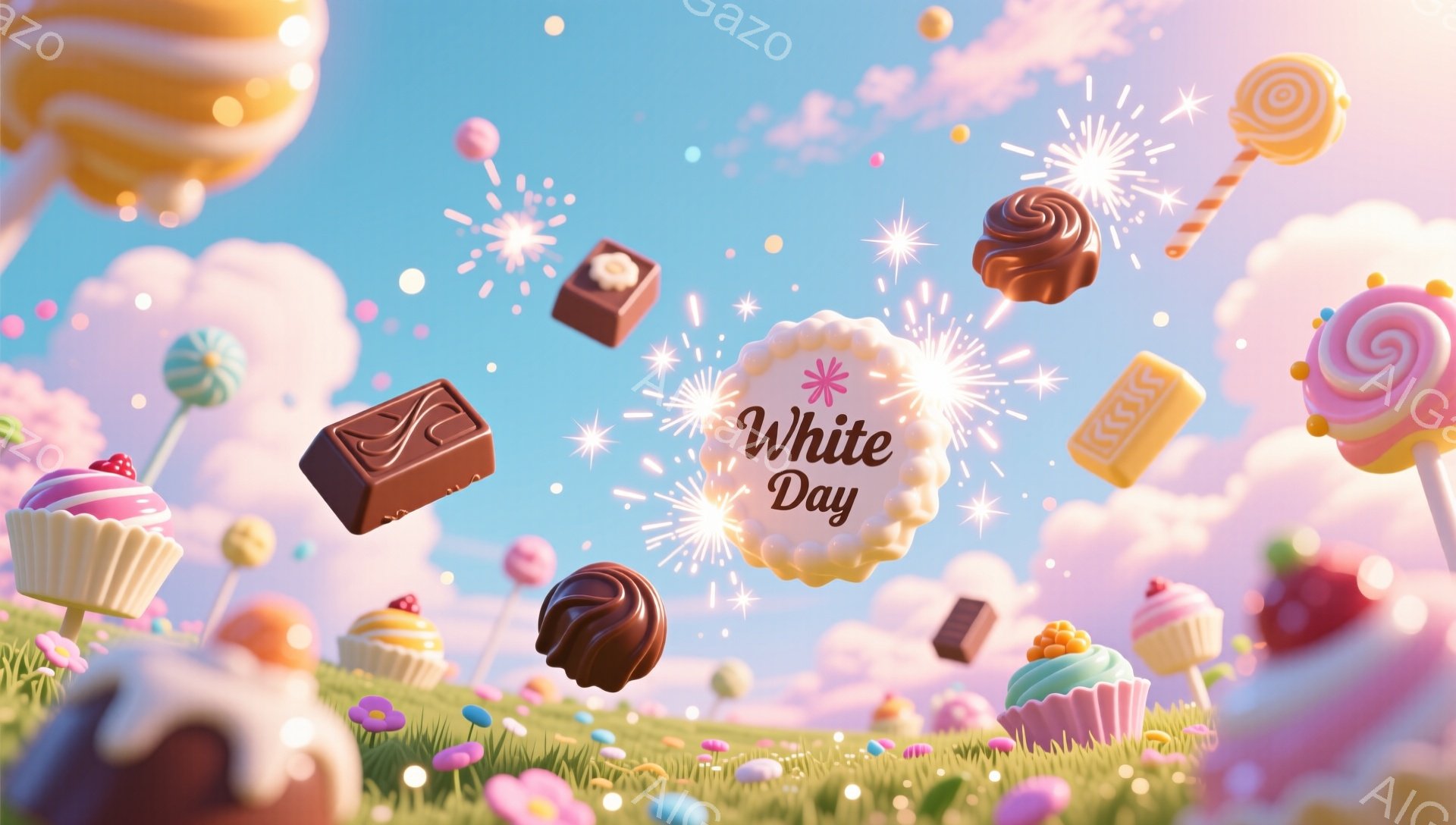 カラフルなキャンディーやチョコレートが空中に舞い、緑の丘の上に散らばっている、夢のような光景です。背景には、パステルカラーの雲と、可愛らしいキノコが点在する草原が広がっています。全体的に、甘くて明るい、お祝いの雰囲気が漂っています。