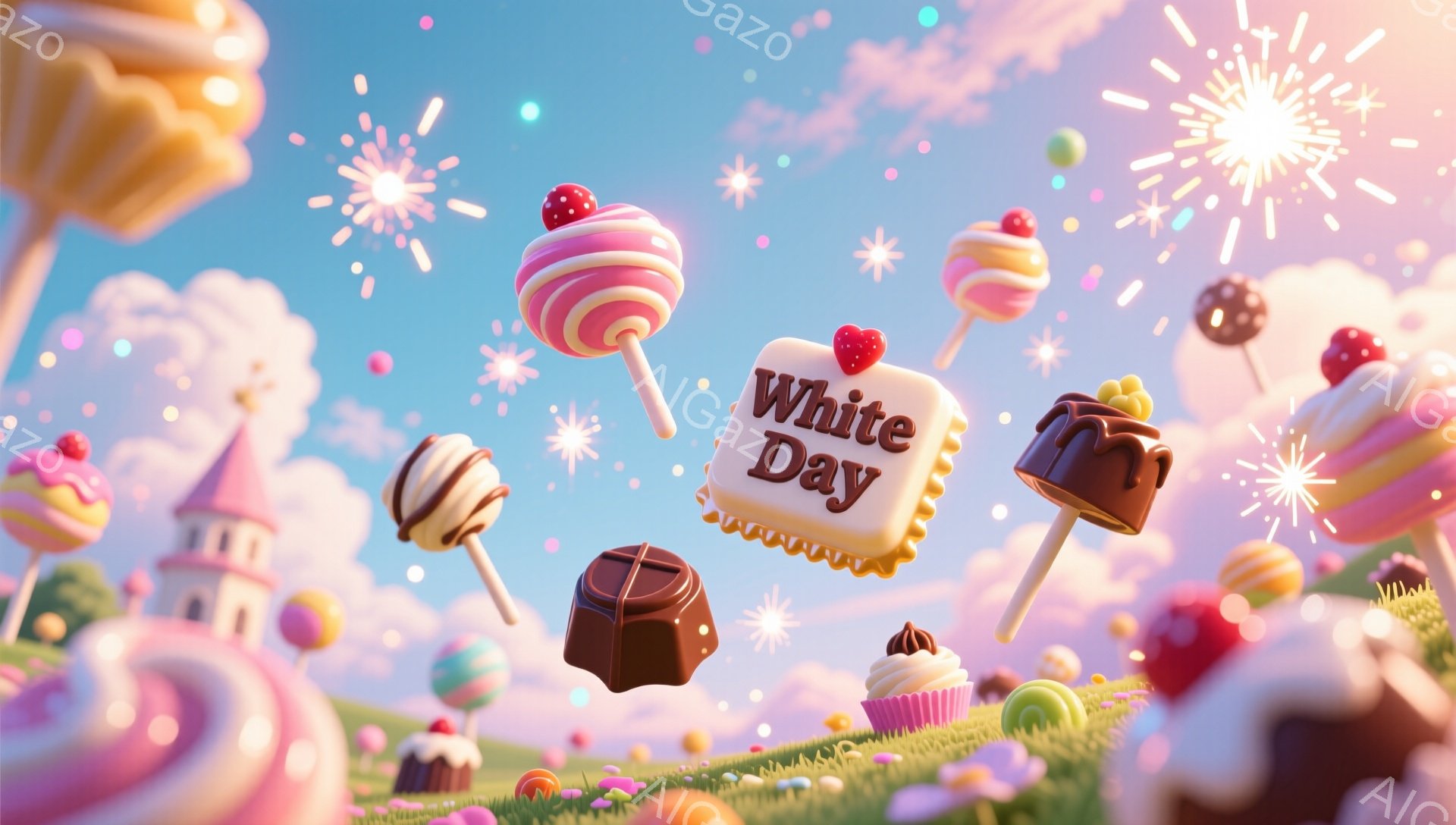 鮮やかなパステルカラーの背景に、キャンディーやチョコレートなどのスイーツが空中に浮かび、お祝いの雰囲気を醸し出しています。遠景には可愛らしいお城と緑の丘が見え、まるで夢のようなお菓子の国を表現しています。全体的に明るく、華やかで、ホワイトデーを連想させるイメージです。