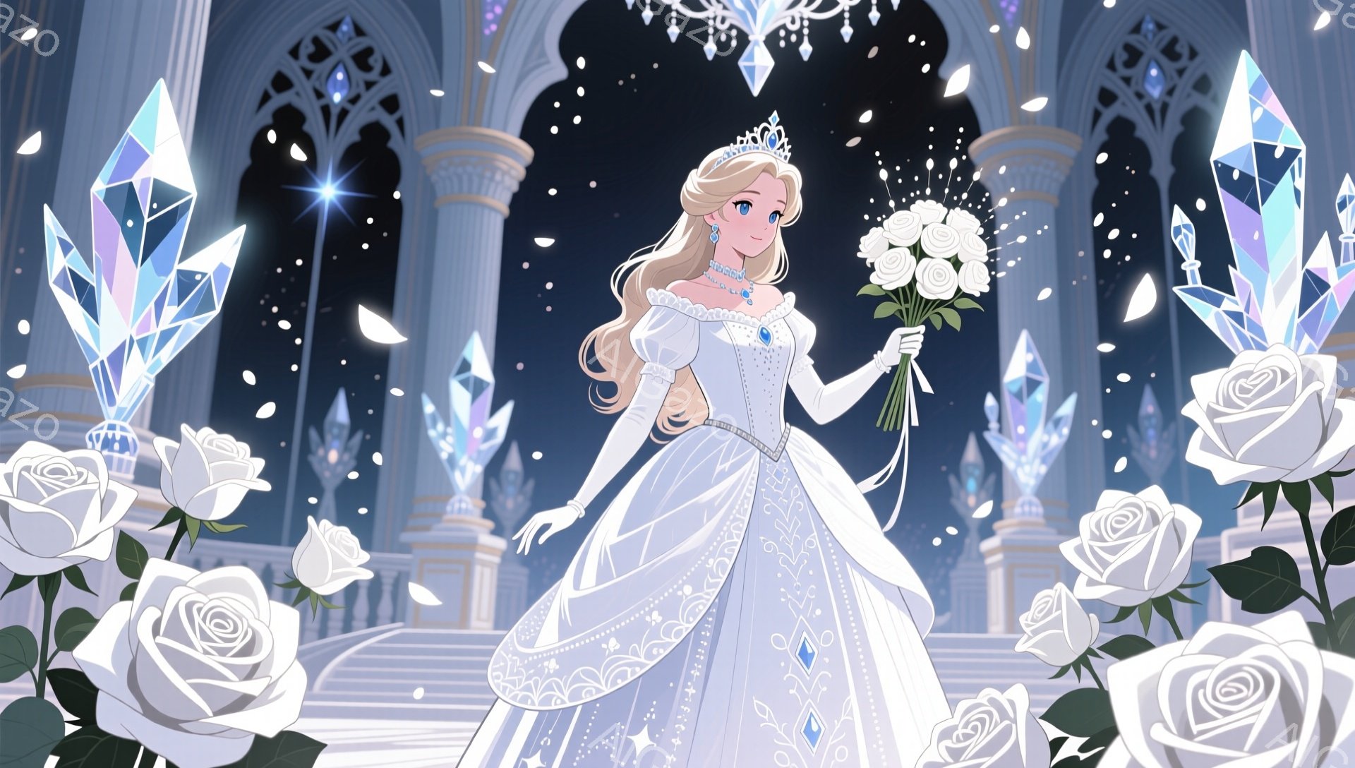 白い豪華なドレスを身につけた女性が、白いバラの花束を持って微笑んでいます。彼女は金髪のウェーブヘアにティアラをつけ、優雅なポーズで立っています。背景には、高い柱やアーチ、そしてきらめく光が舞う壮大な建 - AI生成フリー素材