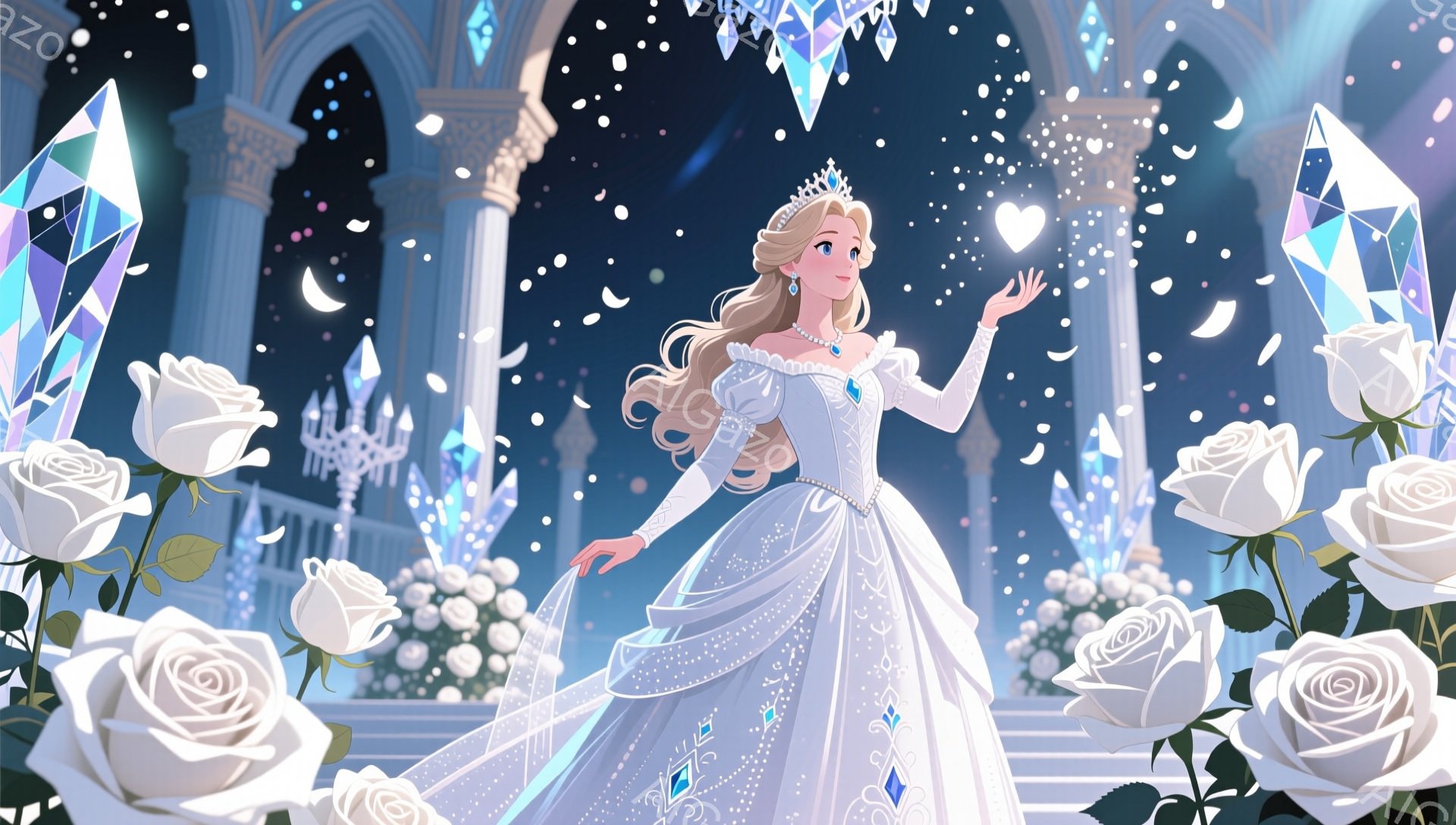 白い豪華なドレスを身につけた女性が、舞い散る光の中で優雅にポーズをとっています。彼女はブロンドの巻き髪にティアラをつけ、微笑みを浮かべており、片手を上げ、ハート型の光を操っているように見えます。背景には、ゴシック様式の建築、白いバラの花、そして雪が舞う幻想的な夜空が広がっており、おとぎ話のような雰囲気です。