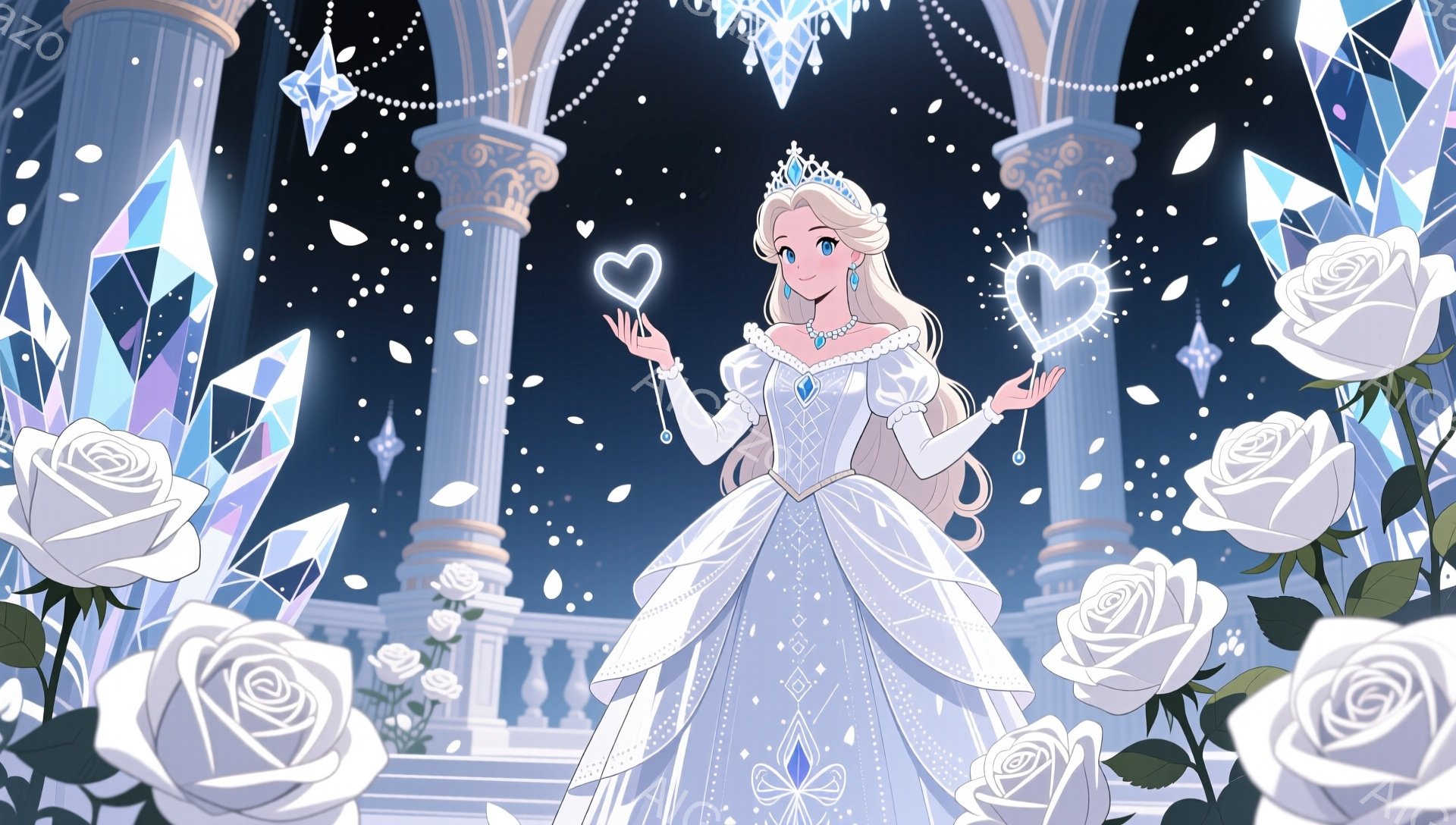 白い豪華なドレスを着た若い女性が描かれています。彼女は金髪を後ろでまとめ、ティアラをかぶり、優雅に両手を広げています。背景には、氷の柱、バラ、きらめく光が散りばめられ、まるで冬の宮殿のような幻想的な雰囲気が漂っています。