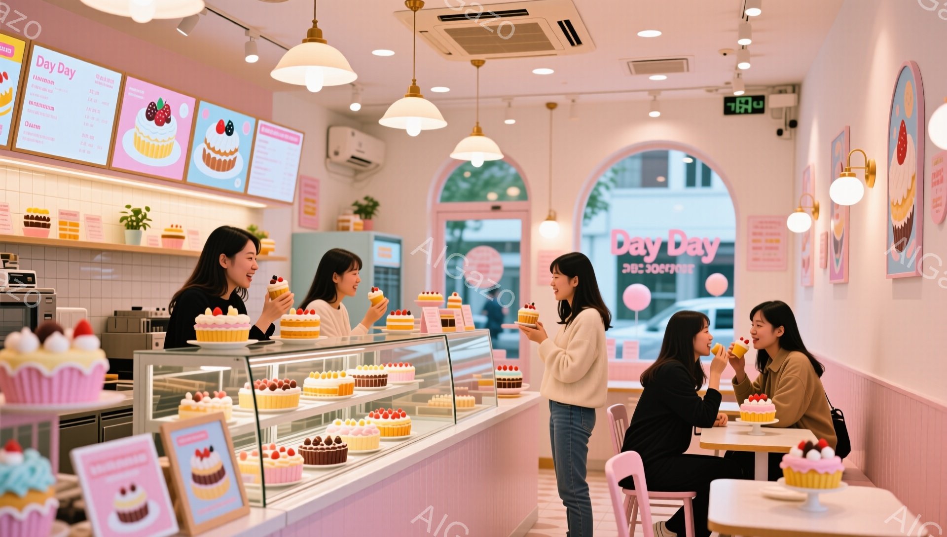 パステルピンクを基調としたケーキ屋で、複数の女性がケーキを楽しんでいます。女性たちはそれぞれ明るい色の服装で、カジュアルなヘアスタイルです。ショーケースには可愛らしいデコレーションが施されたケーキが並び、店内の雰囲気は明るく、華やかで、温かいです。