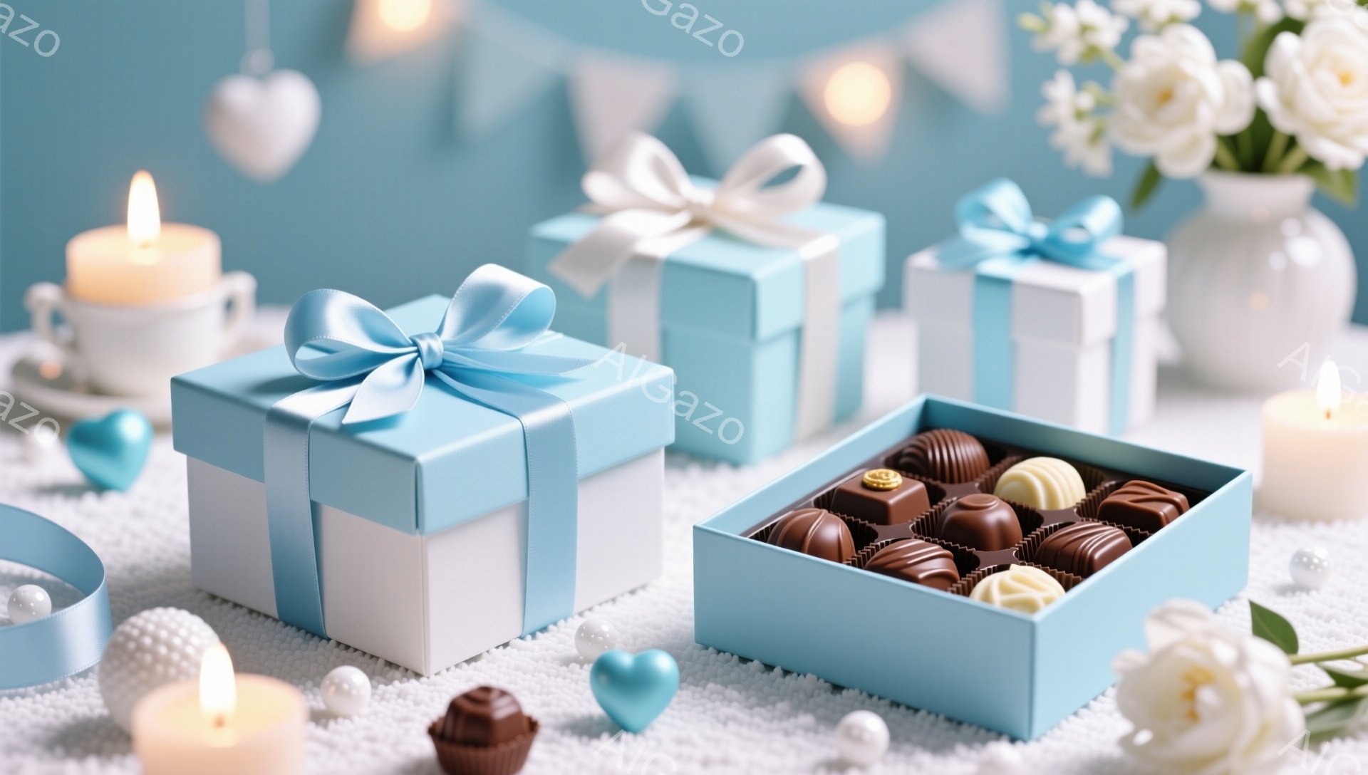 明るい青色のギフトボックスが複数、白いレースのテーブルクロスの上に並べられています。チョコレートが並んだ青色の箱、青いハートの飾り、点灯したキャンドル、白い花が背景を彩り、ロマンチックで優しい雰囲気を醸し出しています。全体的に、バレンタインや特別な機会を祝うための穏やかで上品な光景です。