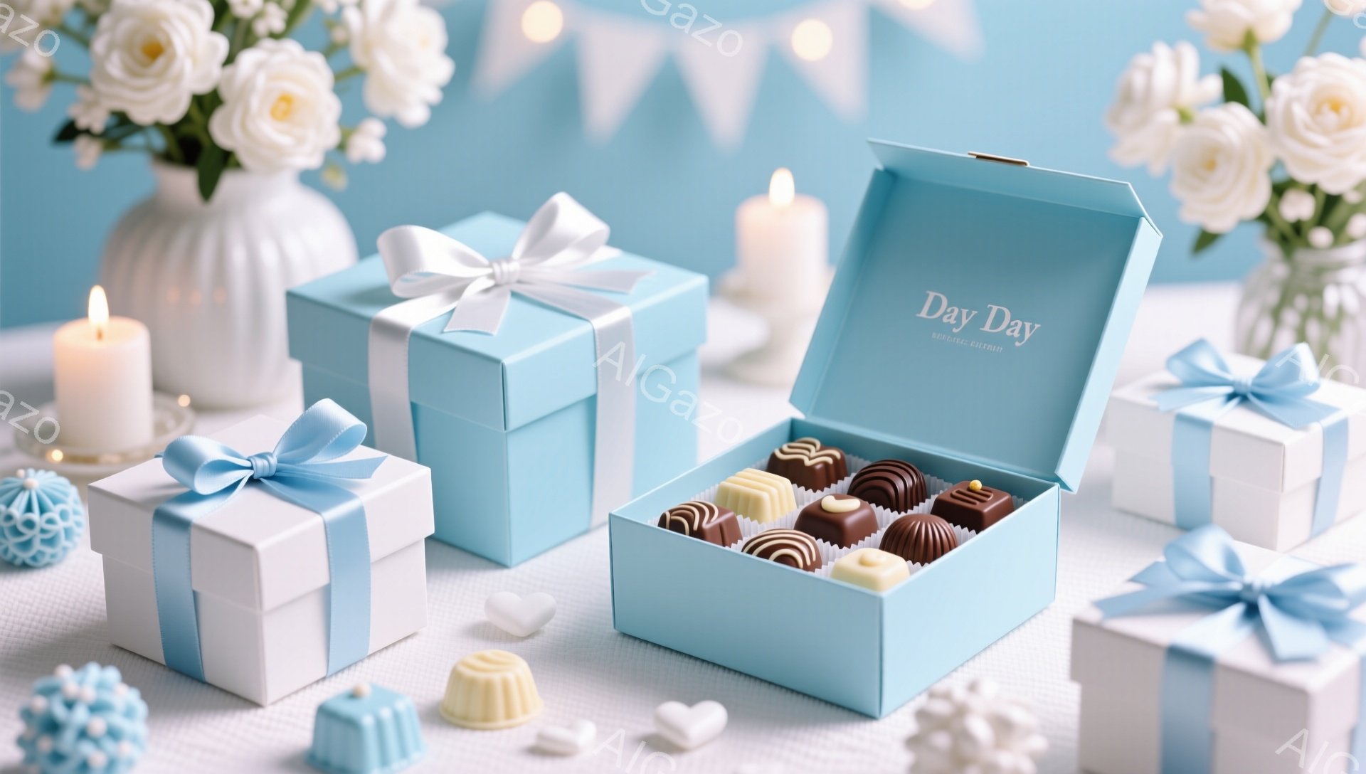 淡い水色のギフトボックスとチョコレートがテーブルの上に並べられています。ボックスには白いリボンがかけられ、中にはカラフルなチョコレートが整然と並んでいます。背景には白いバラの花、キャンドル、そして雪の - AI生成フリー素材