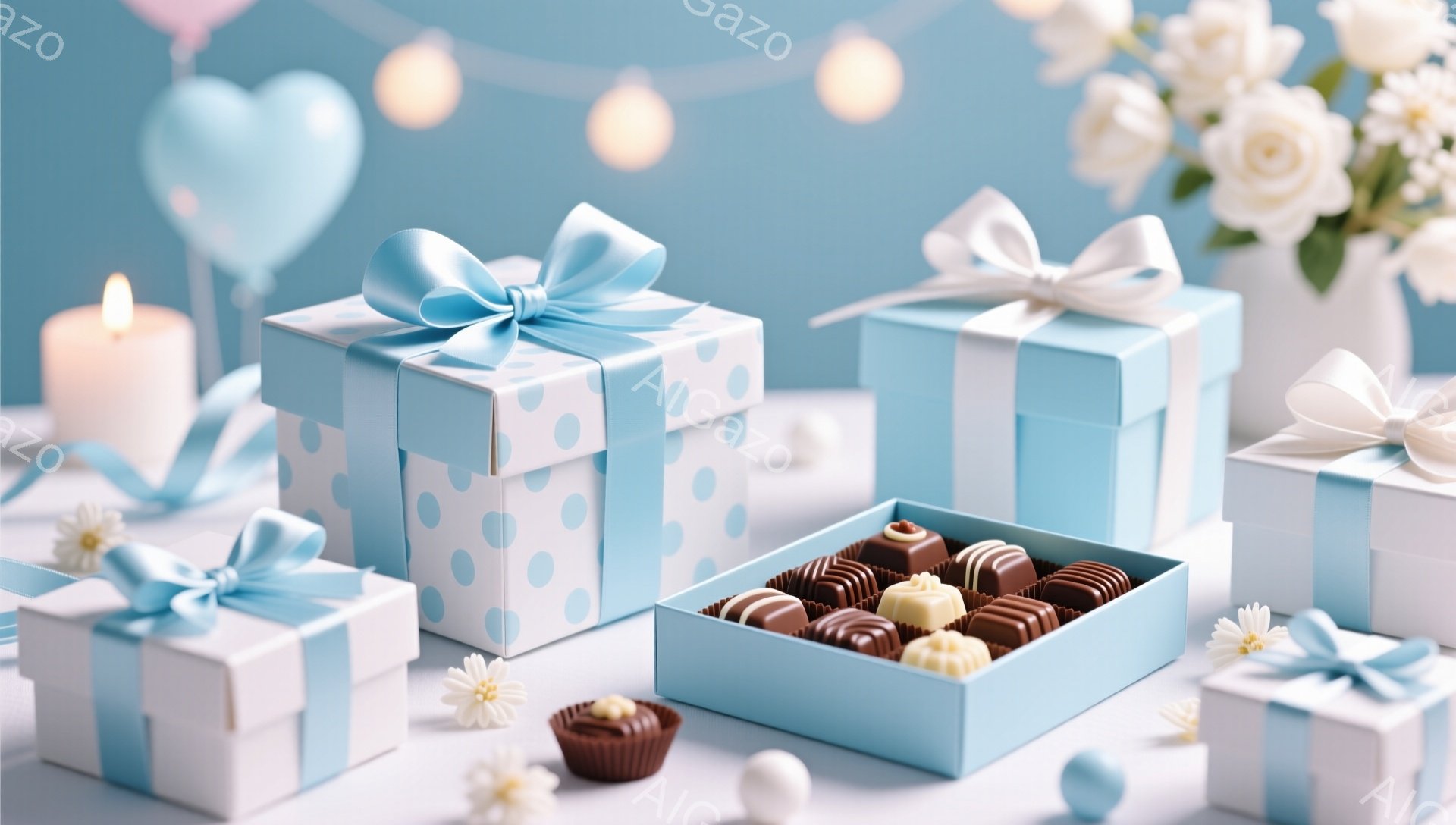 明るい青い背景に、水玉模様と単色のギフトボックスがいくつか並べられています。ボックスには、明るい青いリボンが結ばれており、その横にはチョコレートが並んだ空色の箱と、小さなチョコレート、白い花、そして点 - AI生成フリー素材
