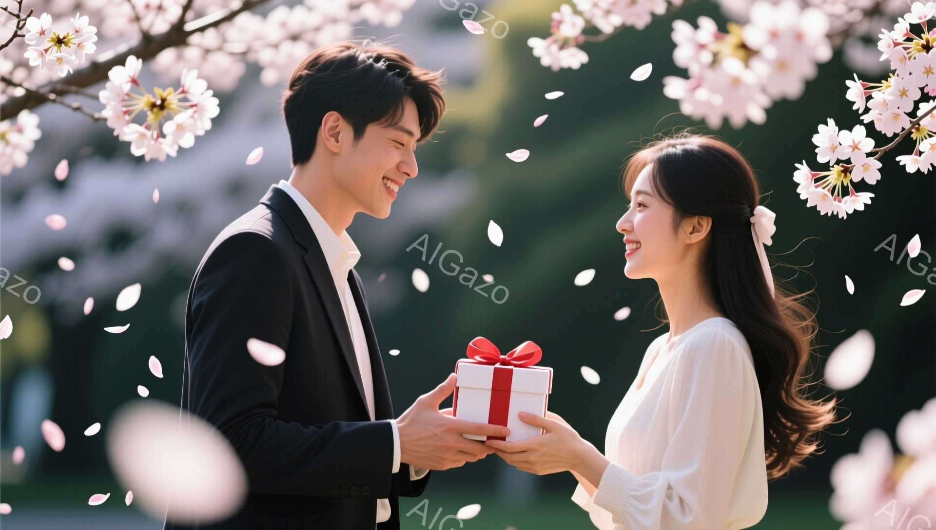 桜の花びらが舞う中、男性が女性に赤いリボンで結ばれた白いギフトボックスを手渡している場面です。男性は黒いスーツに白いシャツで、笑顔を浮かべ、女性は白いブラウスを着て、髪を後ろでまとめ、少し顔を上げて嬉 - AI生成フリー素材