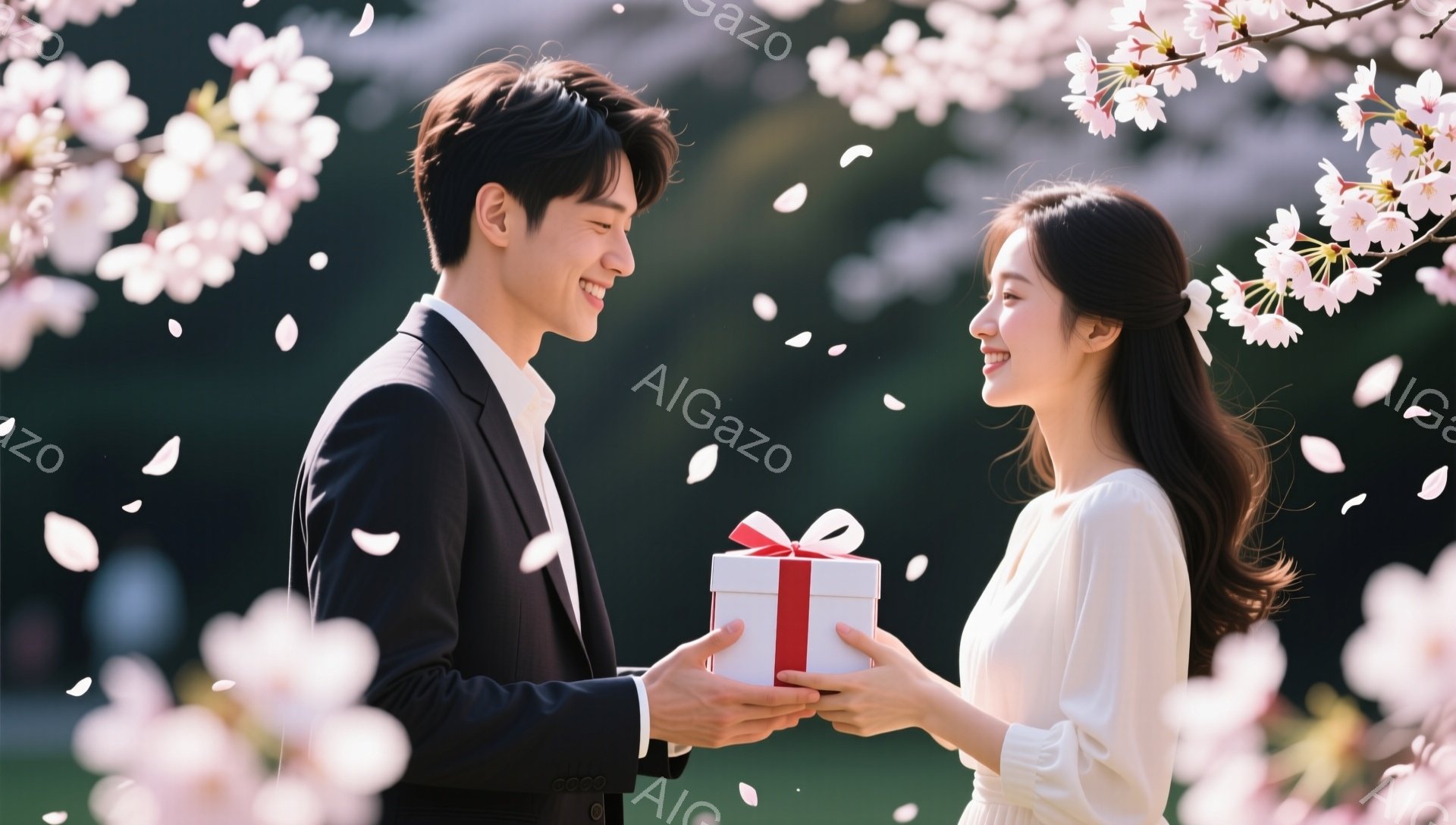 若い男女が桜の木の下でプレゼントを交換している様子が描かれています。男性は黒いスーツにネクタイ、女性は白いワンピース姿で、それぞれ微笑んでいます。背景には桜の花びらが舞い散り、春の穏やかでロマンチック - AI生成フリー素材