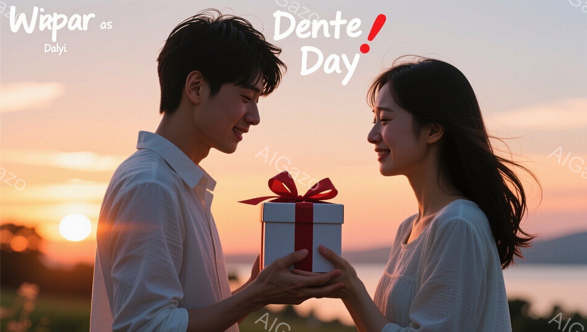 若い男女が夕暮れ時にプレゼントを交換し合っています。男性は白いシャツを着ており、女性は白いレースのブラウスを着ています。背景には穏やかな海と山々が広がり、空はオレンジとピンクのグラデーションで、ロマンチックな雰囲気を醸し出しています。