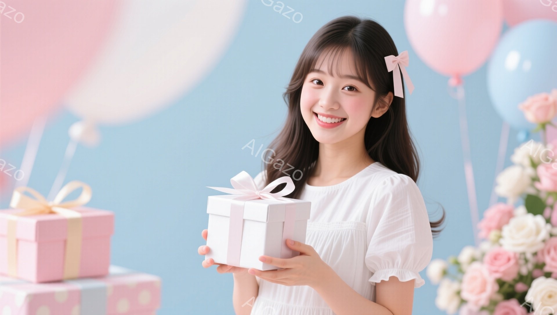 明るい笑顔を見せる若い女性が、ピンクのリボンで結ばれた白いギフトボックスを両手で抱えています。彼女は白いパフスリーブのワンピースを着ており、長く緩やかなウェーブのかかった髪にはピンクのリボンが飾られて - AI生成フリー素材
