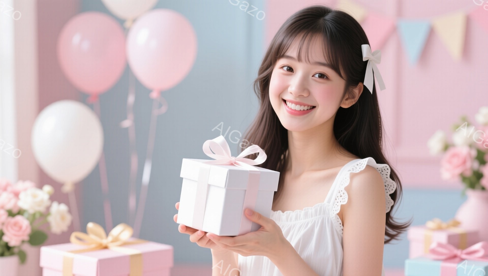 長い黒髪で、前髪は眉毛にかかるようにカットされた若い女性が、白いリボンで飾られた白いギフトボックスを正面に向けて持っています。彼女は白いレースのトップスを着ており、笑顔でカメラを見ています。背景には、 - AI生成フリー素材